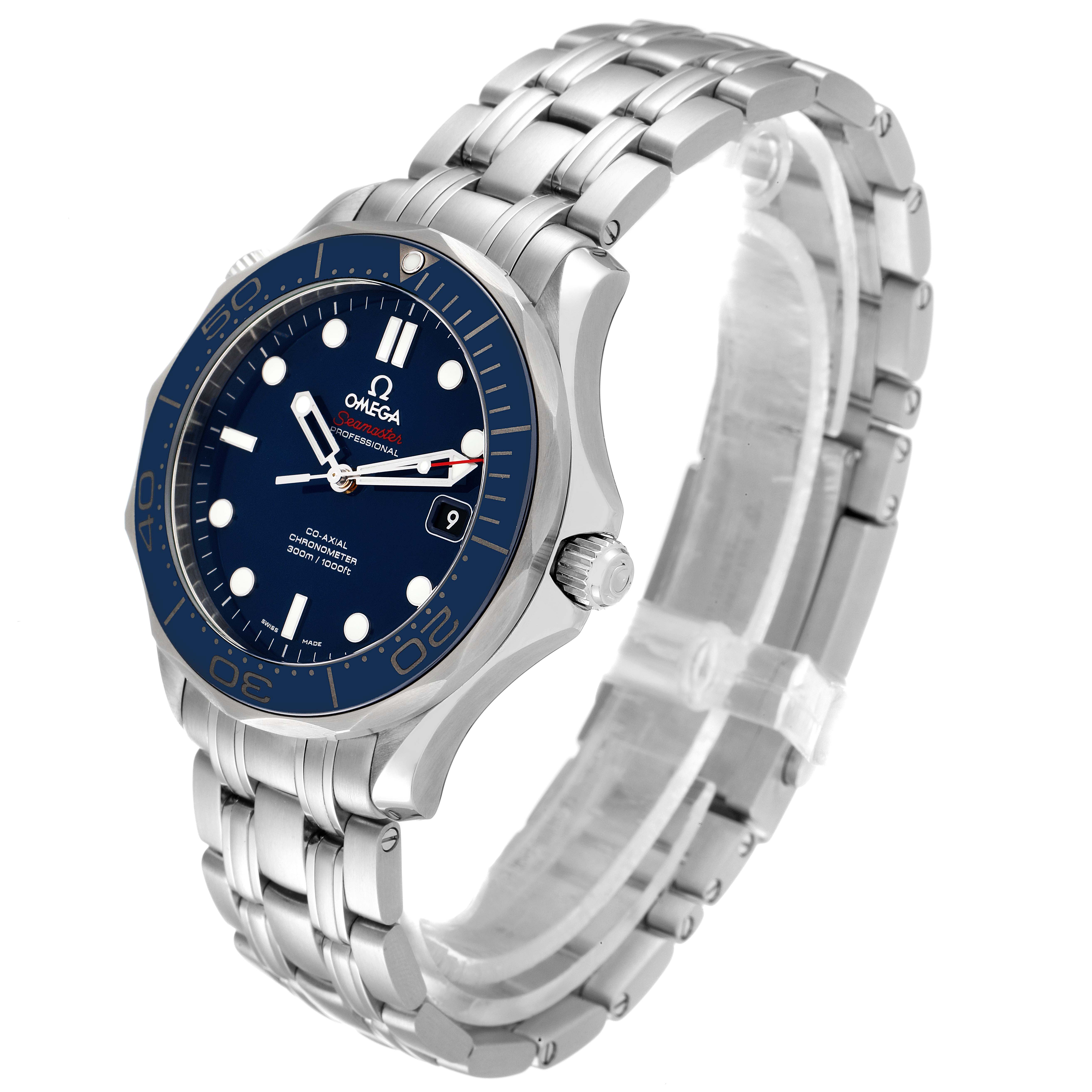 The Omega Seamaster 212.30.41.20.03.001 Men's Stainless Steel Blue Dial 212.30.41.20.03.001 Men's Stainless Steel Blue Dial watch is shown at a three-quarter angle highlighting its face, bezel, crown, and bracelet.