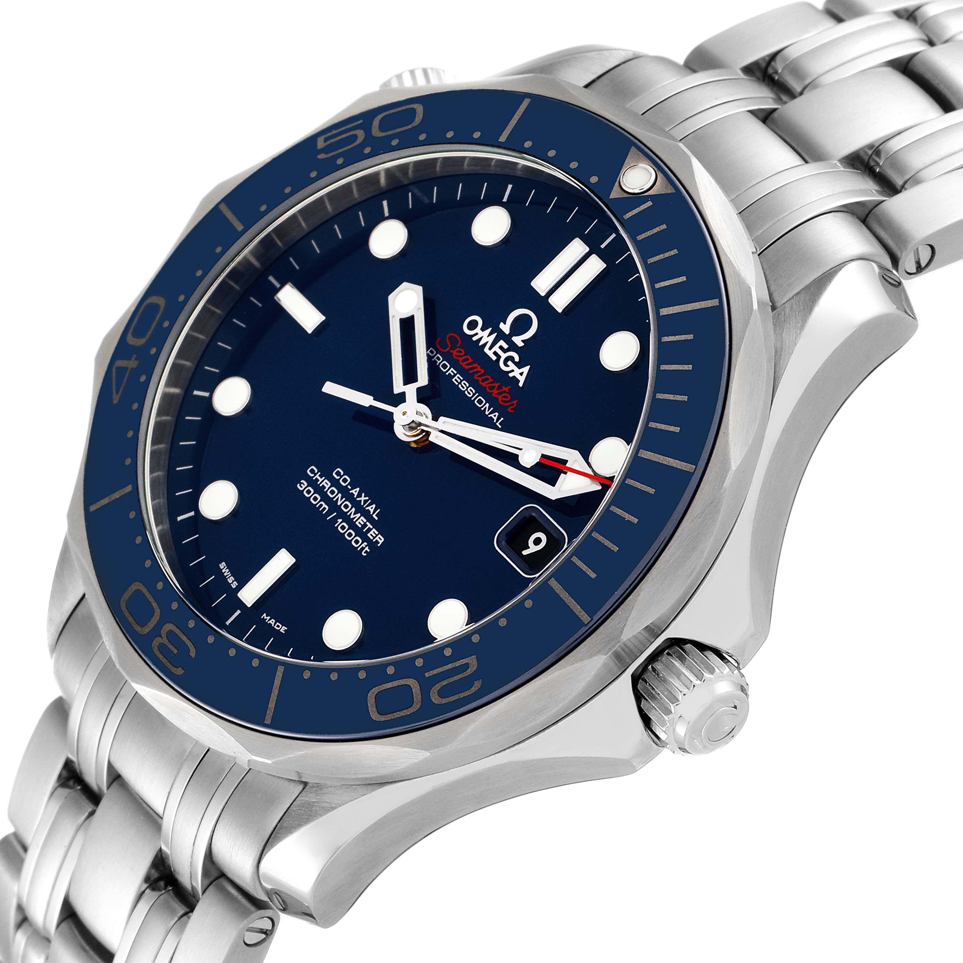 The Omega Seamaster 212.30.41.20.03.001 Men's Stainless Steel Blue Dial 212.30.41.20.03.001 Men's Stainless Steel Blue Dial watch is shown at an angled perspective, highlighting the dial, bezel, and part of the bracelet.