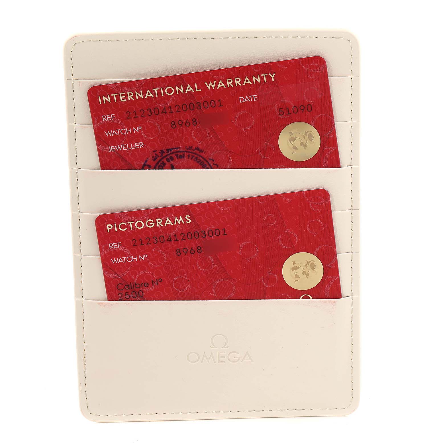 The image shows Omega Seamaster 212.30.41.20.03.001 Men's Stainless Steel Blue Dial 212.30.41.20.03.001 Men's Stainless Steel Blue Dial model warranty and pictogram cards in a white cardholder.