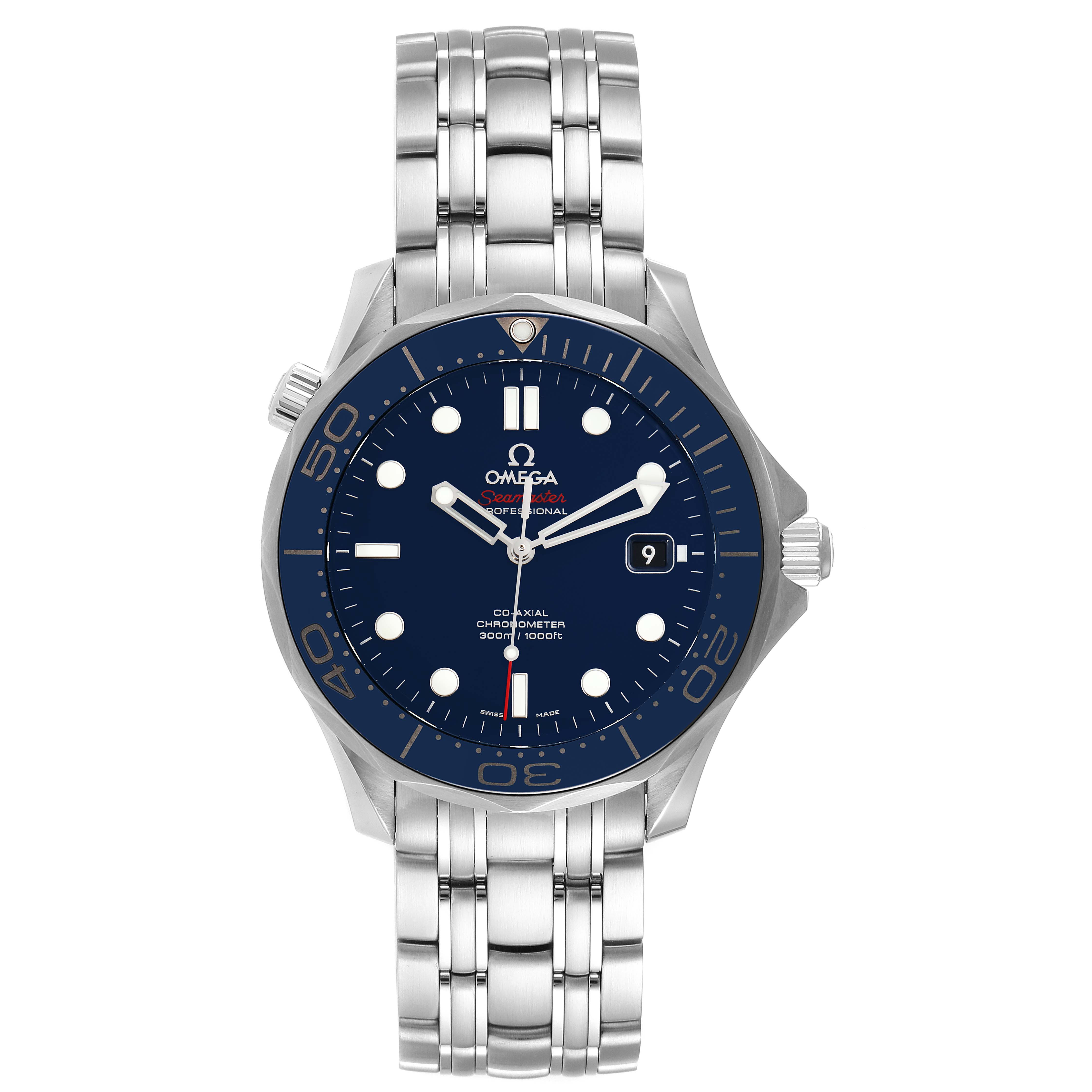 The image shows a front view of the Omega Seamaster 212.30.41.20.03.001 Men's Stainless Steel Blue Dial 212.30.41.20.03.001 Men's Stainless Steel Blue Dial watch, highlighting the blue dial, bezel, and stainless steel bracelet.
