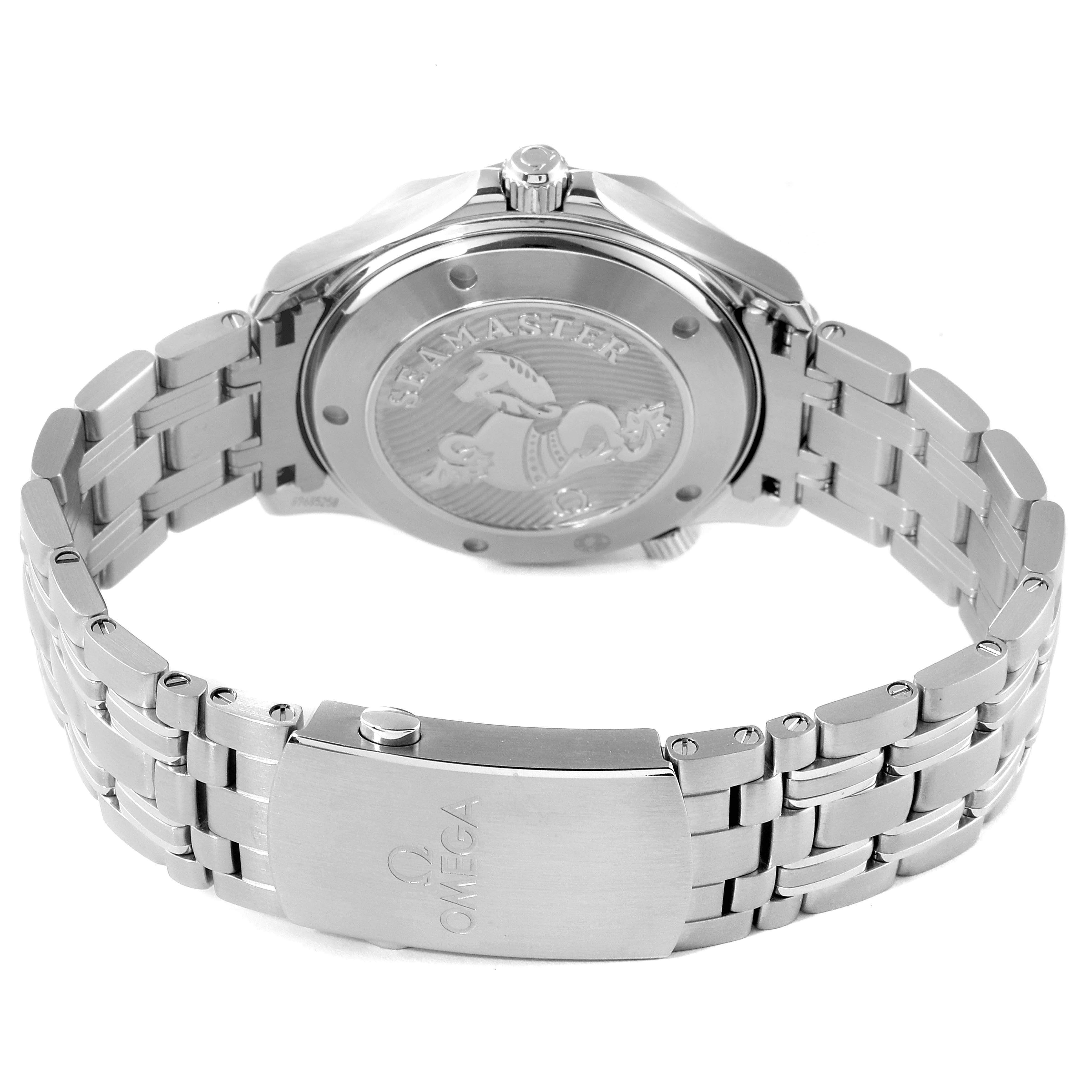 The image shows the back view of the Omega Seamaster 212.30.41.20.03.001 Men's Stainless Steel Blue Dial 212.30.41.20.03.001 Men's Stainless Steel Blue Dial watch, highlighting the case back and bracelet.