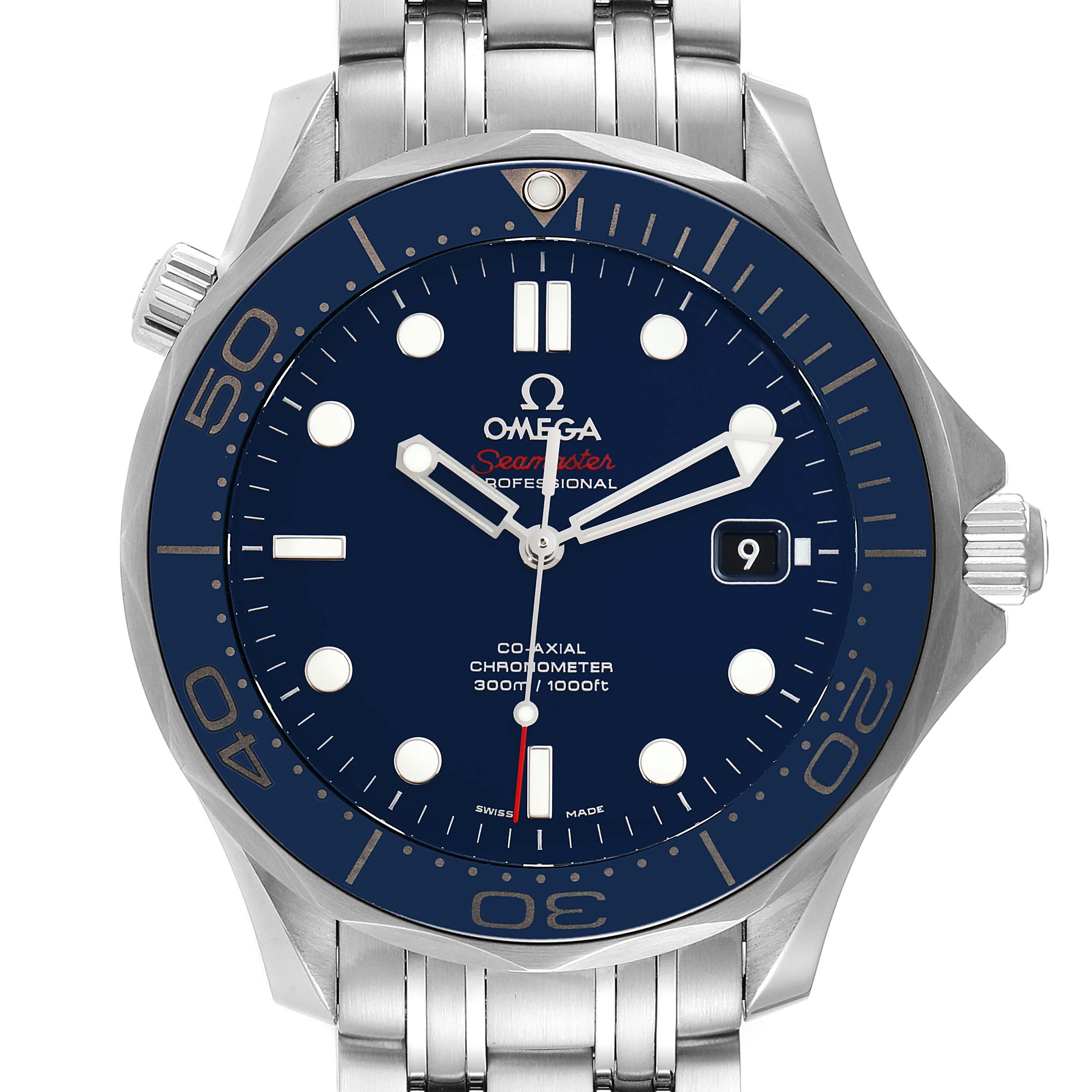 The image shows a front view of an Omega Seamaster 212.30.41.20.03.001 Men's Stainless Steel Blue Dial 212.30.41.20.03.001 Men's Stainless Steel Blue Dial watch, highlighting its blue dial, bezel, and stainless steel bracelet.