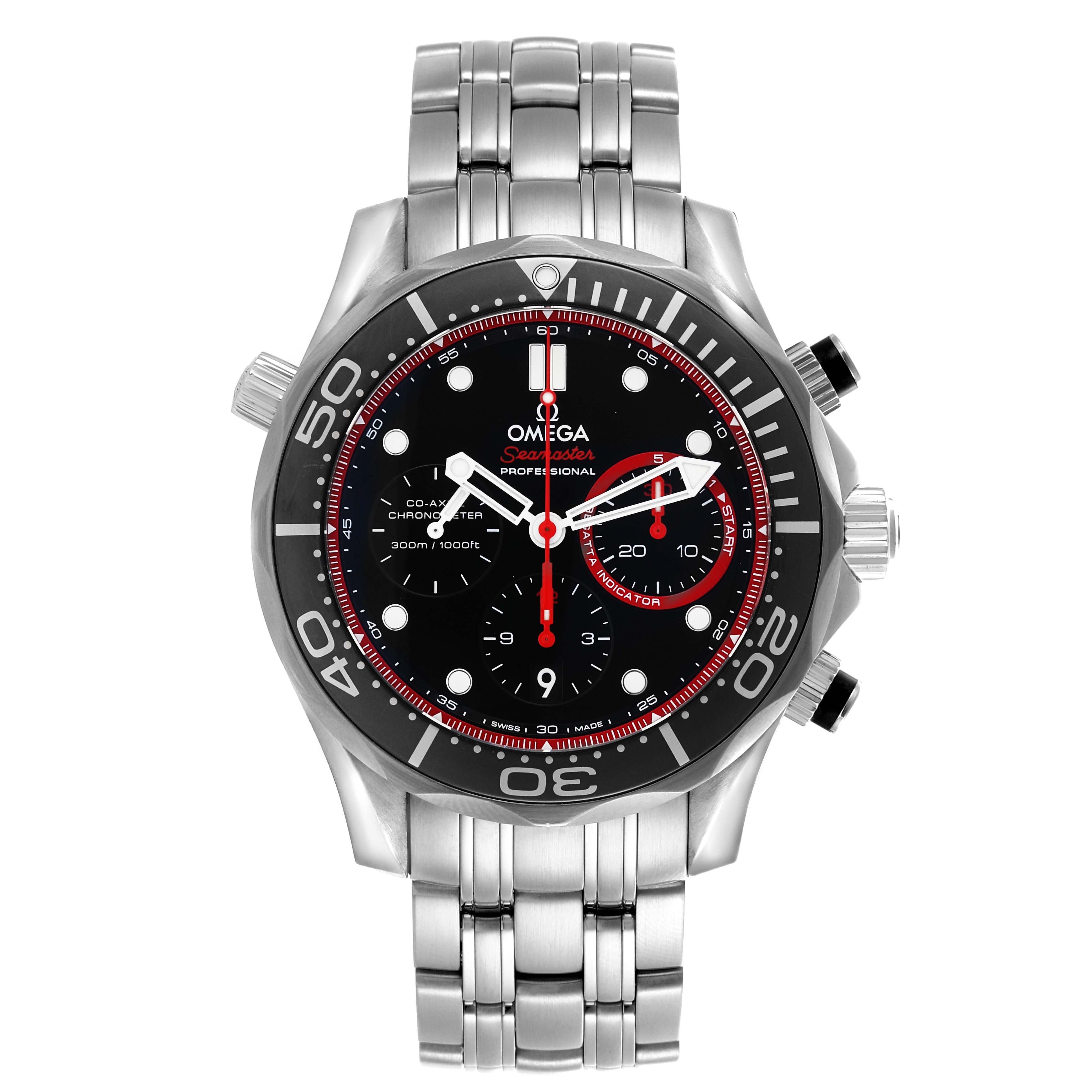 The Omega Seamaster 212.32.44.50.01.001 Men's Stainless Steel Black Dial 212.32.44.50.01.001 Men's Stainless Steel Black Dial watch is shown from the front, displaying its face, bezel, and part of the bracelet.