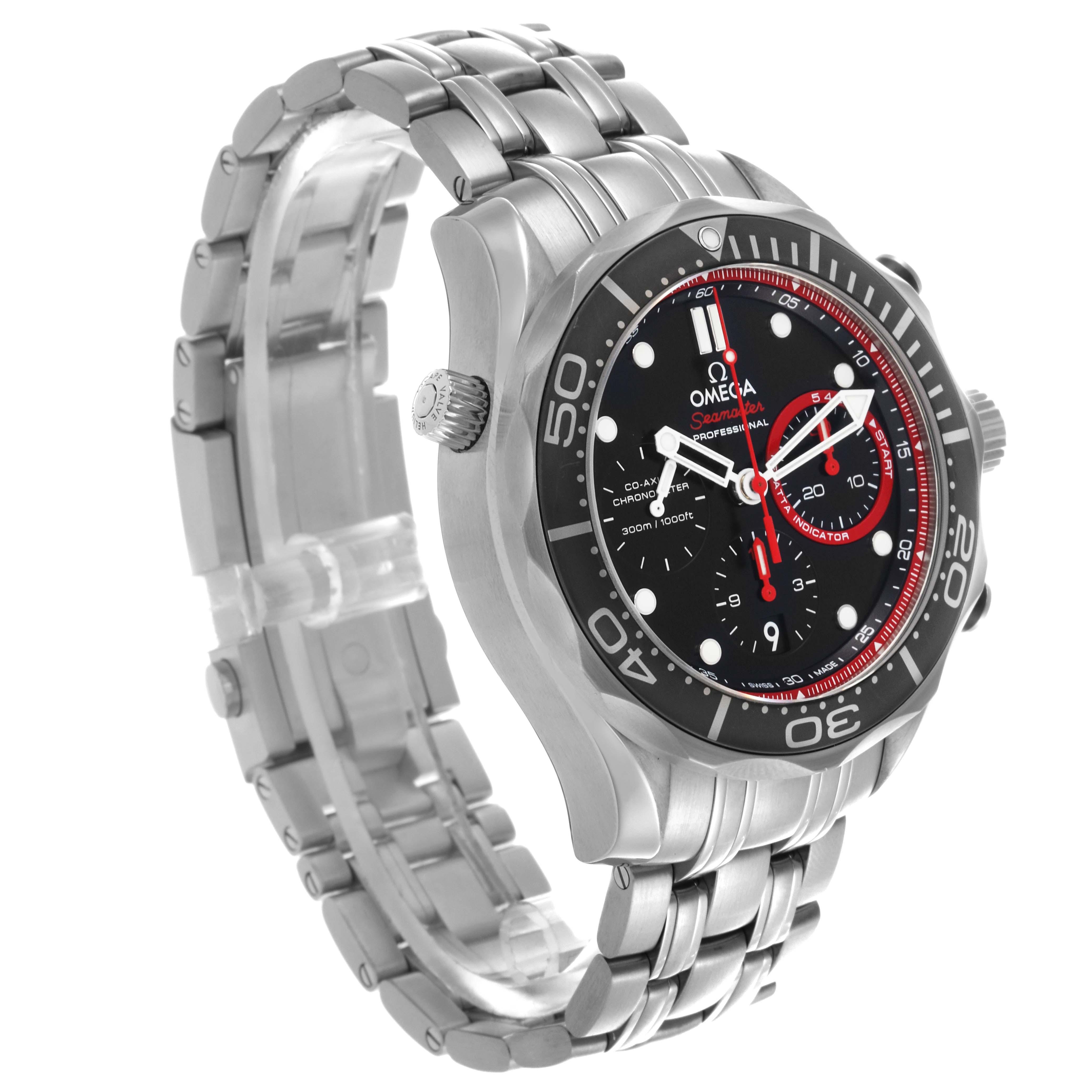 The Omega Seamaster 212.32.44.50.01.001 Men's Stainless Steel Black Dial 212.32.44.50.01.001 Men's Stainless Steel Black Dial watch is shown at a three-quarter angle, highlighting the bezel, dial, crown, and stainless steel bracelet.