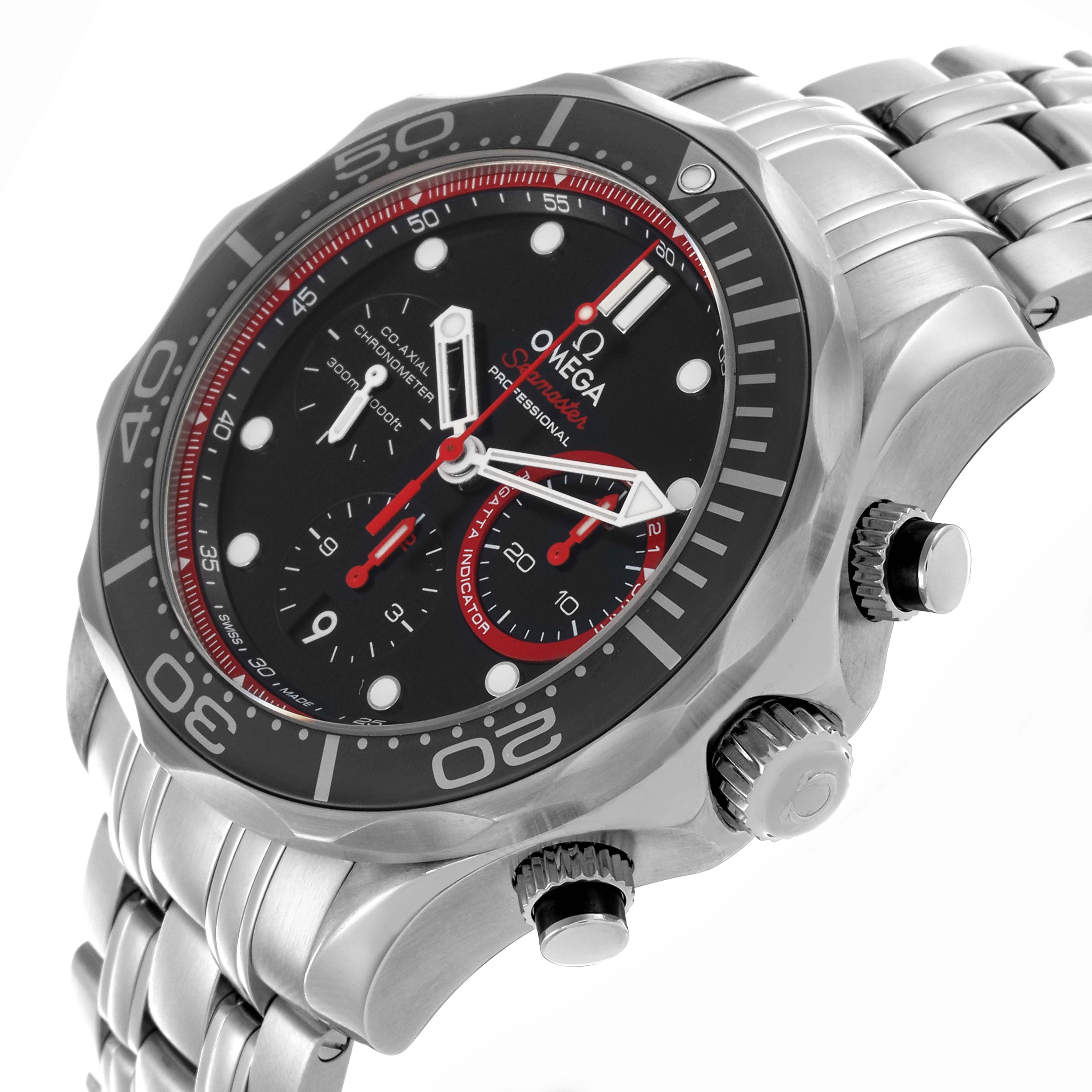 The Omega Seamaster 212.32.44.50.01.001 Men's Stainless Steel Black Dial 212.32.44.50.01.001 Men's Stainless Steel Black Dial watch is shown at a tilted angle, highlighting the bezel, dial, bracelet, and crown.