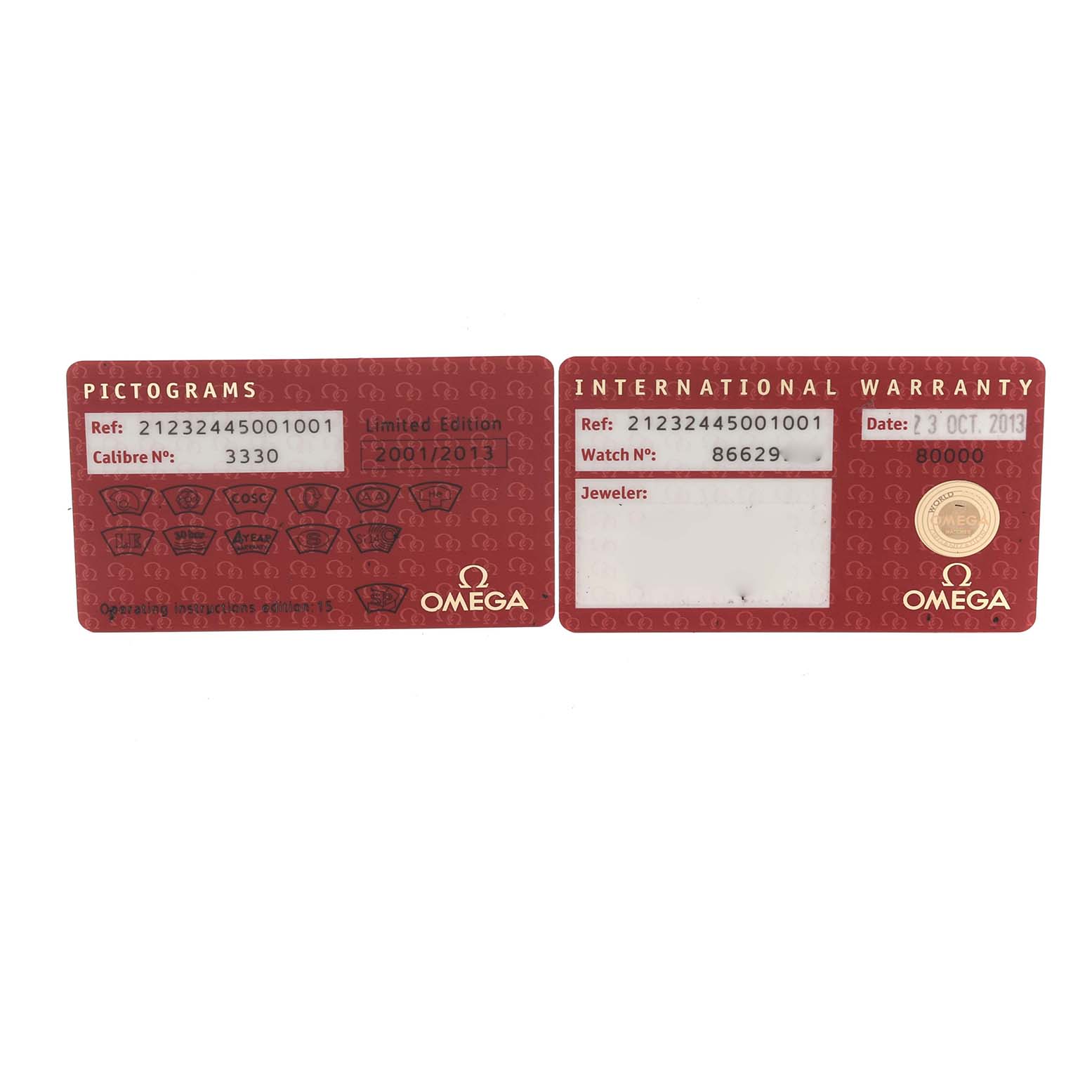 The image shows two red cards for the Omega Seamaster 212.32.44.50.01.001 Men's Stainless Steel Black Dial 212.32.44.50.01.001 Men's Stainless Steel Black Dial: a Pictograms card and an International Warranty card, laid flat.