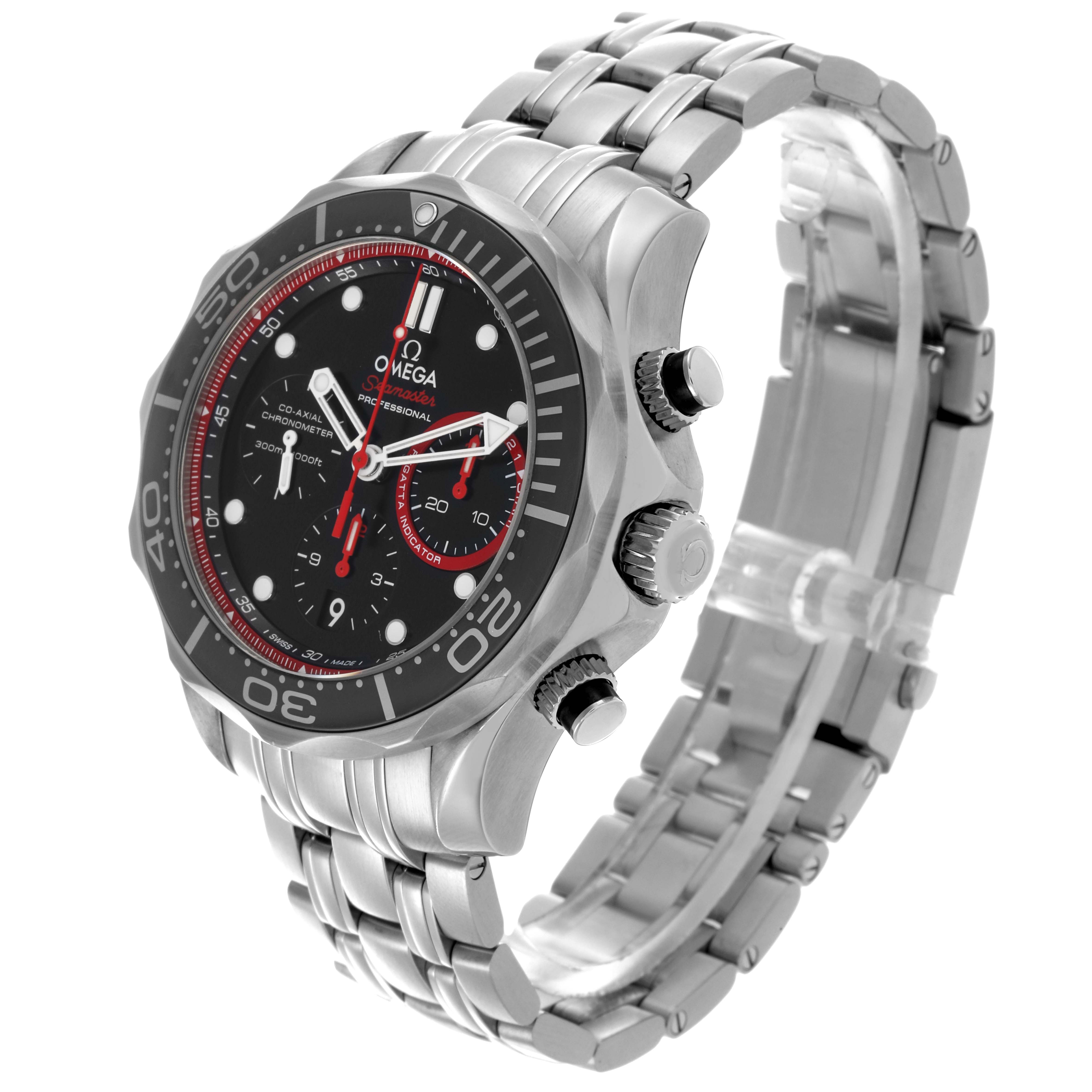 The Omega Seamaster 212.32.44.50.01.001 Men's Stainless Steel Black Dial 212.32.44.50.01.001 Men's Stainless Steel Black Dial watch is shown at a three-quarter angle displaying the face, bezel, crown, and bracelet.