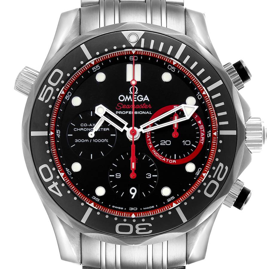 The Omega Seamaster watch is shown from a front angle, highlighting the bezel, dial, hands, and subdials.