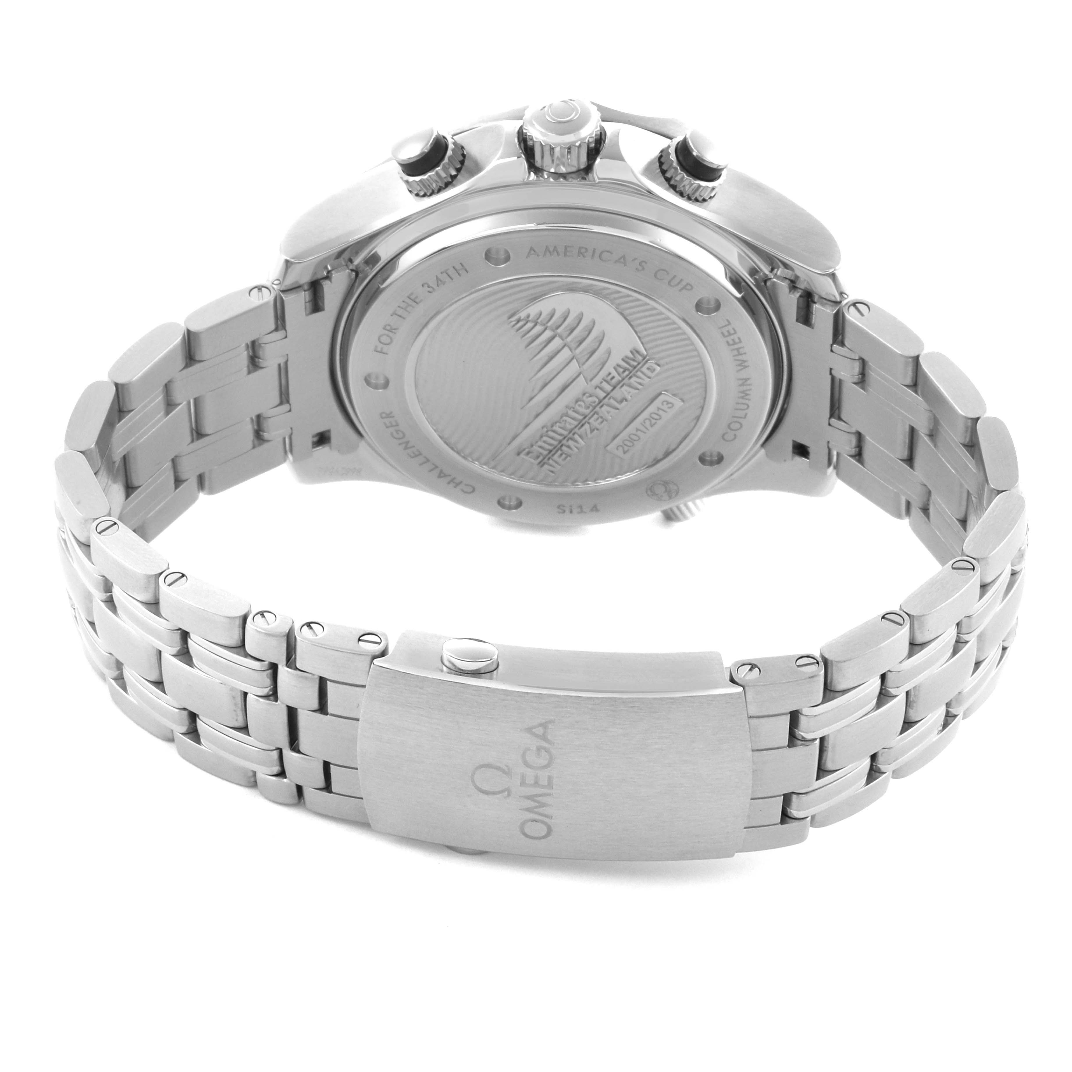 The Omega Seamaster 212.32.44.50.01.001 Men's Stainless Steel Black Dial 212.32.44.50.01.001 Men's Stainless Steel Black Dial watch is shown from the back, highlighting the case back and metal bracelet clasp.