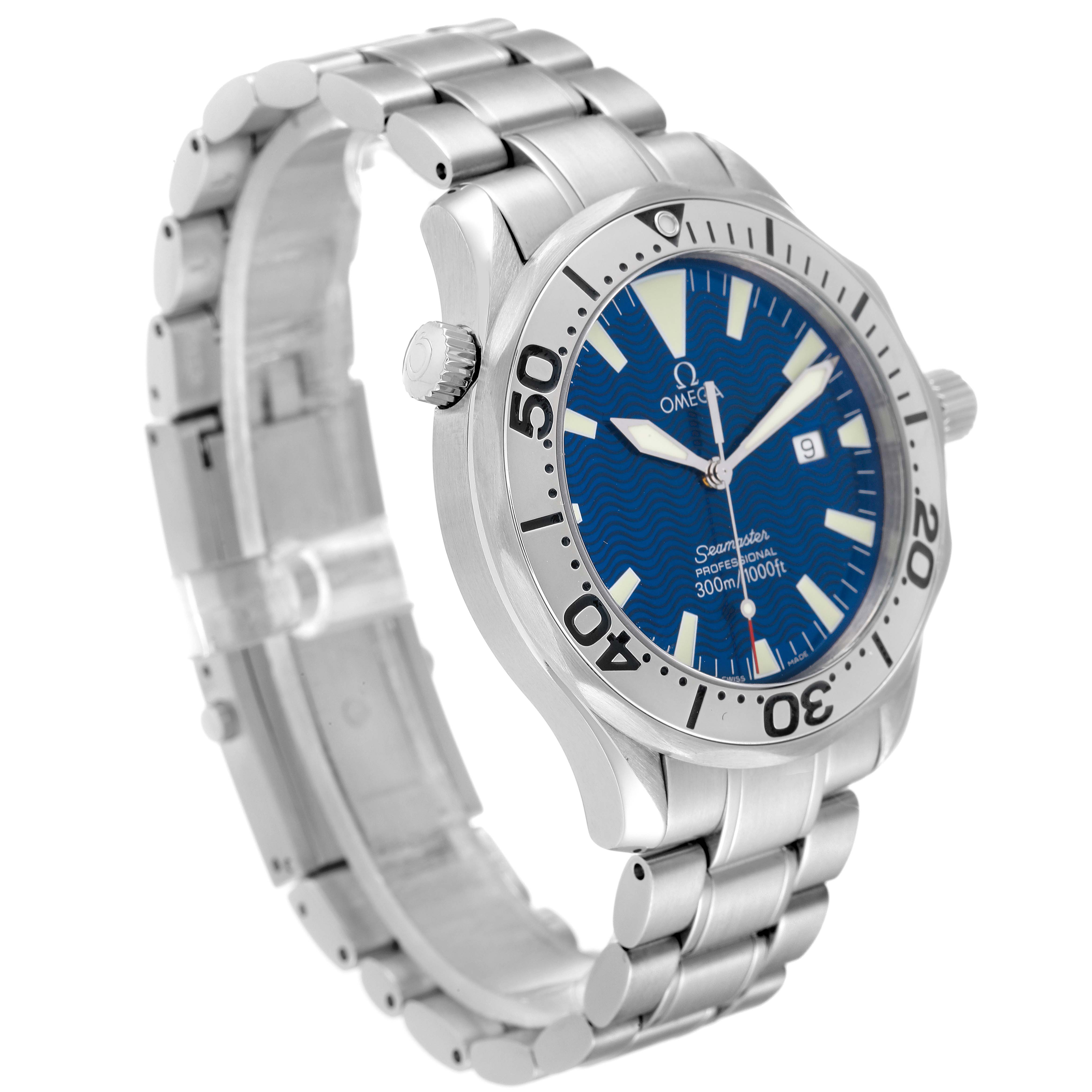 The Omega Seamaster 2265.80.00 Men's Stainless Steel Blue Dial 2265.80.00 Men's Stainless Steel Blue Dial watch is shown from an angled front view, displaying its face, bezel, crown, and stainless steel bracelet.