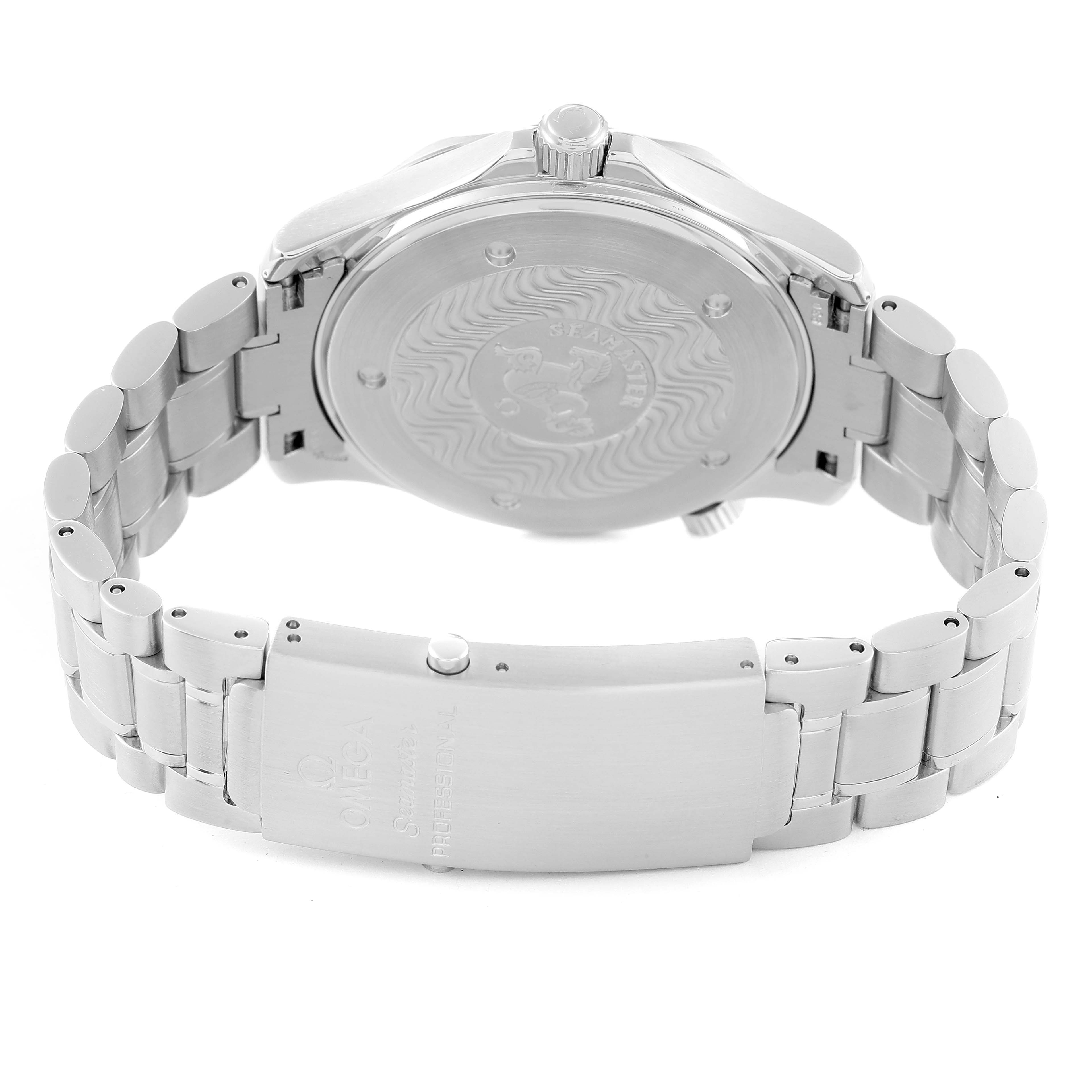 The image shows the backside and bracelet clasp of the Omega Seamaster 2265.80.00 Men's Stainless Steel Blue Dial 2265.80.00 Men's Stainless Steel Blue Dial watch, highlighting the case back engraving and stainless steel links.