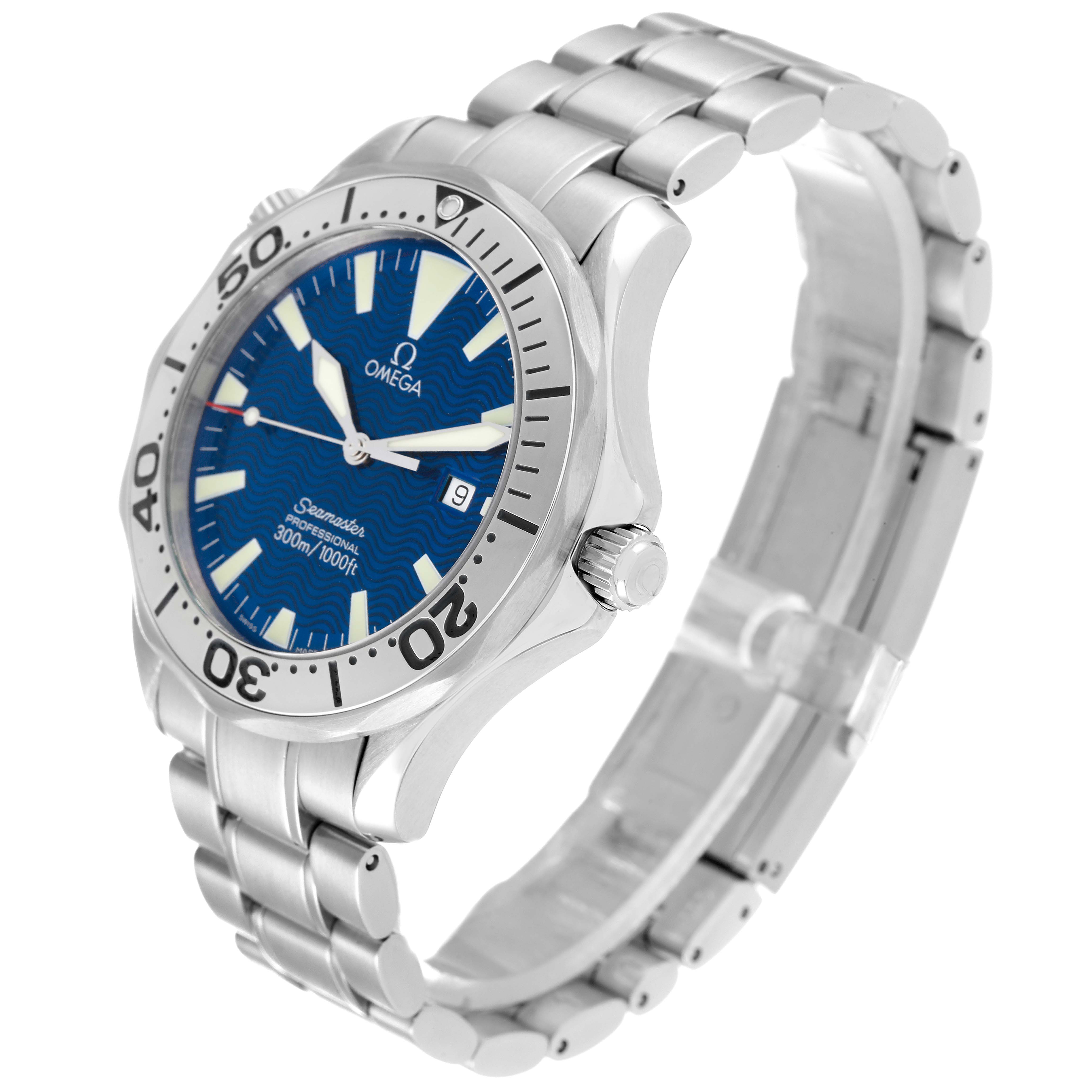 This Omega Seamaster 2265.80.00 Men's Stainless Steel Blue Dial 2265.80.00 Men's Stainless Steel Blue Dial watch is shown from a three-quarter angle, highlighting its bracelet, bezel, crown, and dial.