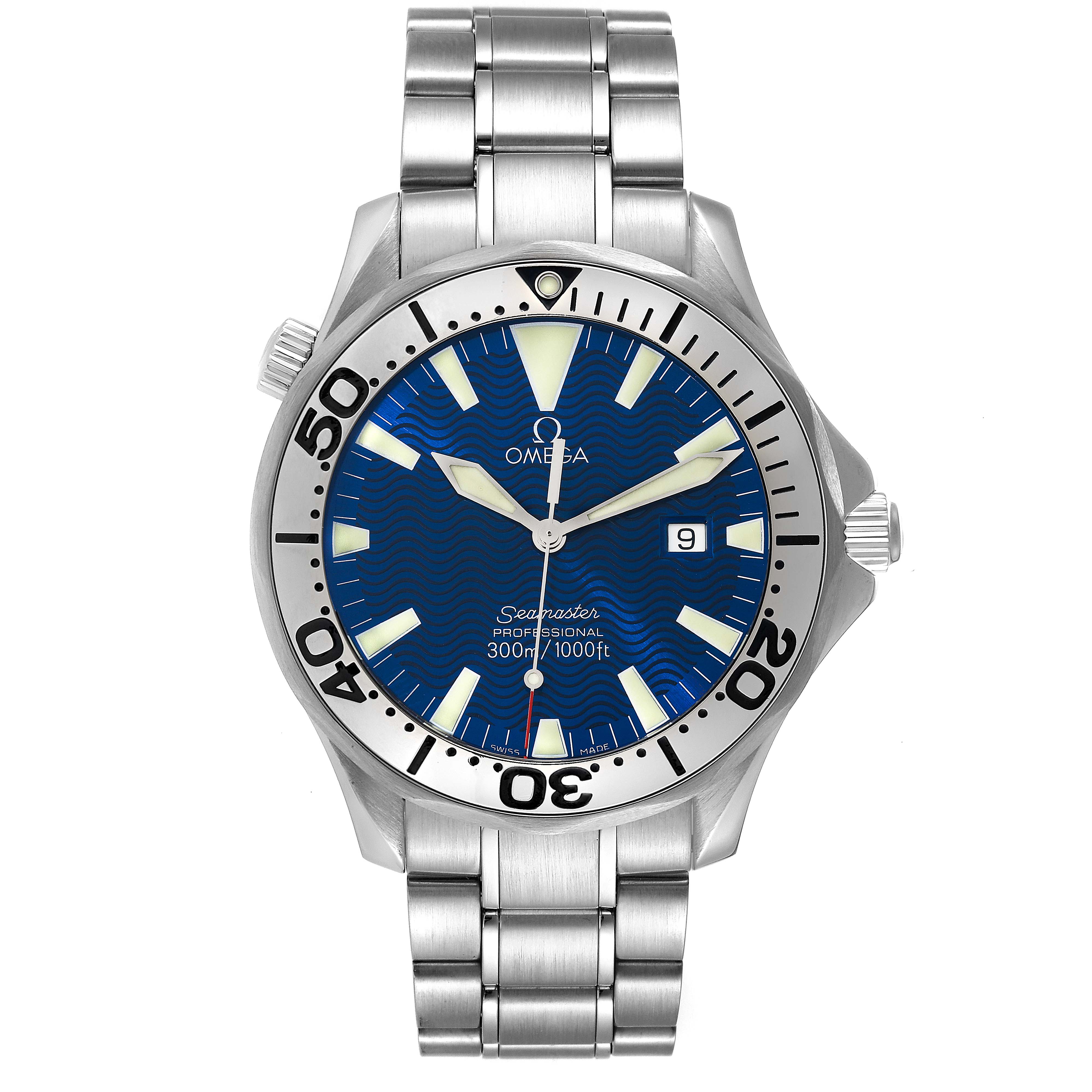 This Omega Seamaster 2265.80.00 Men's Stainless Steel Blue Dial 2265.80.00 Men's Stainless Steel Blue Dial watch is shown from a front angle, displaying the face, bezel, crown, and metal bracelet.
