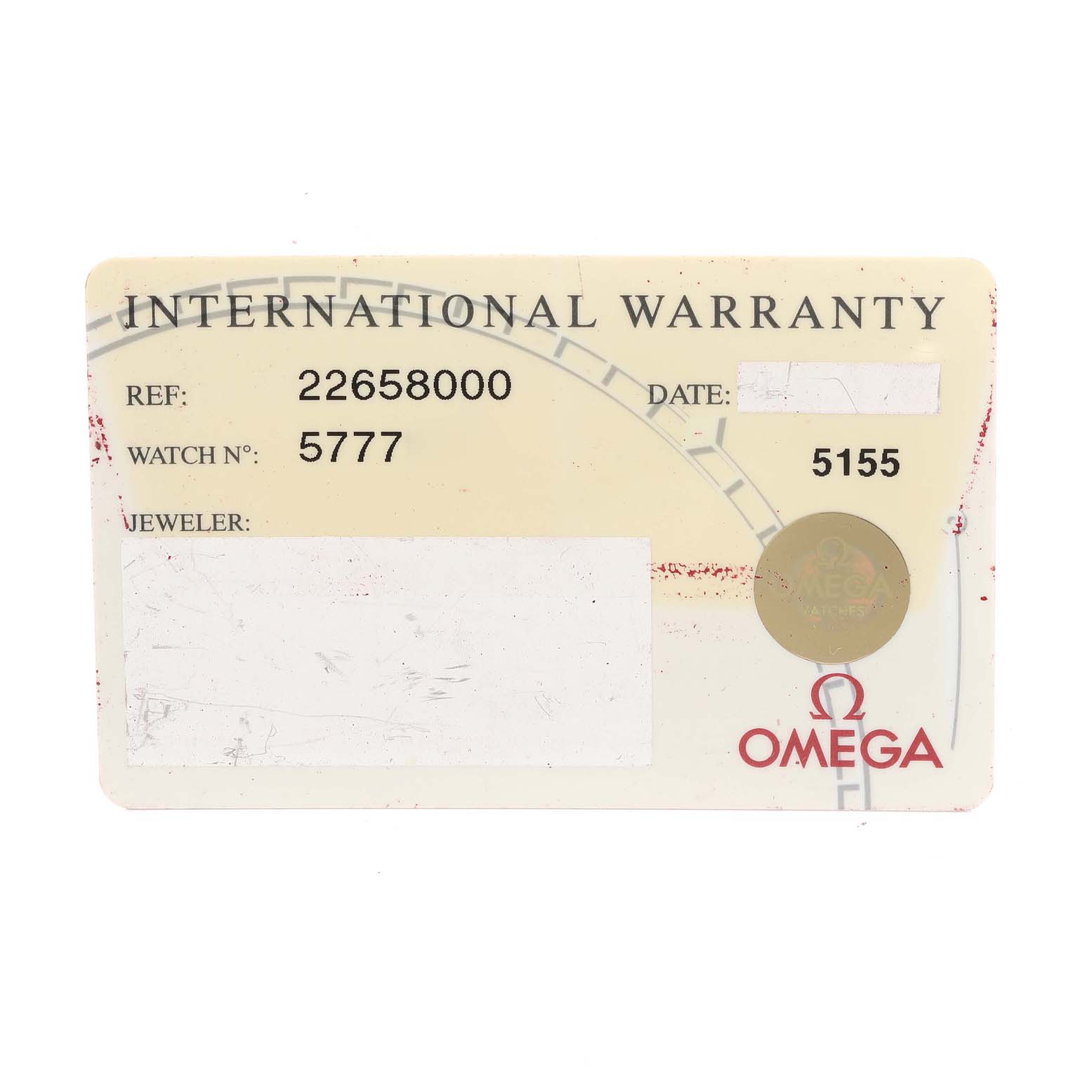 The image shows the international warranty card for the Omega Seamaster 2265.80.00 Men's Stainless Steel Blue Dial 2265.80.00 Men's Stainless Steel Blue Dial watch model.