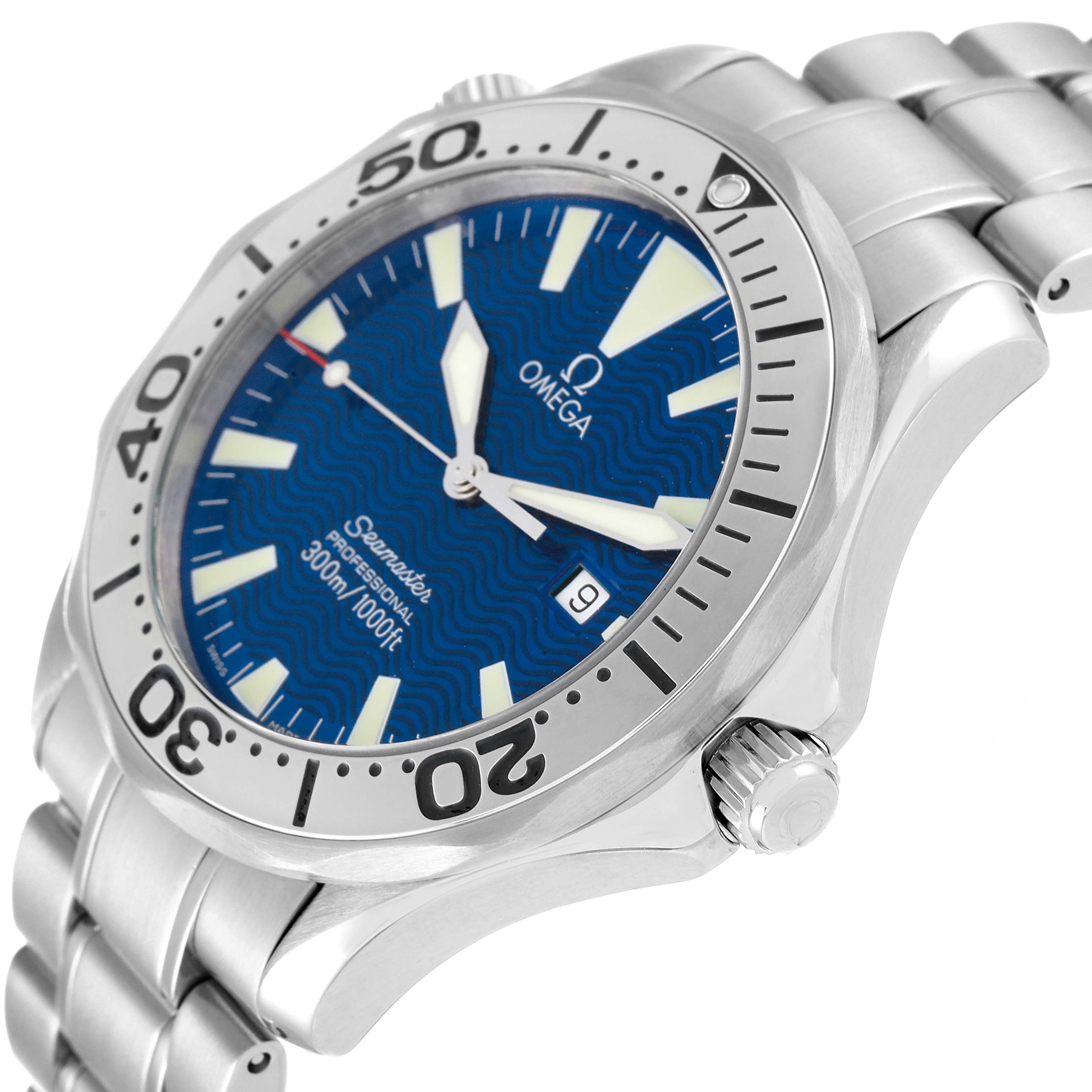 The image shows a tilted side view of an Omega Seamaster 2265.80.00 Men's Stainless Steel Blue Dial 2265.80.00 Men's Stainless Steel Blue Dial, featuring its bezel, crown, bracelet, and blue dial.