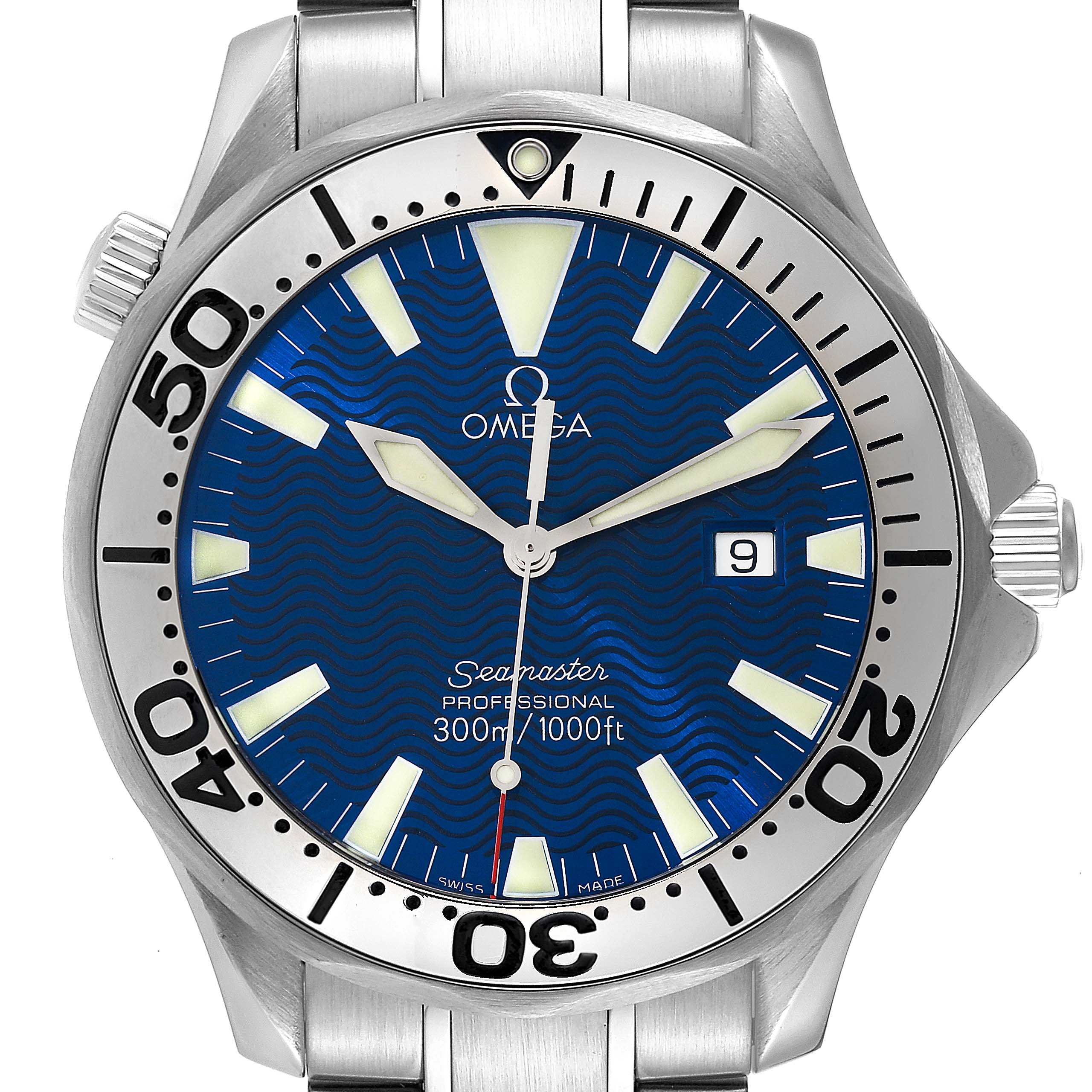 Front view of Omega Seamaster 2265.80.00 Men's Stainless Steel Blue Dial 2265.80.00 Men's Stainless Steel Blue Dial watch showcasing its blue dial, date window, and stainless steel bezel and bracelet.