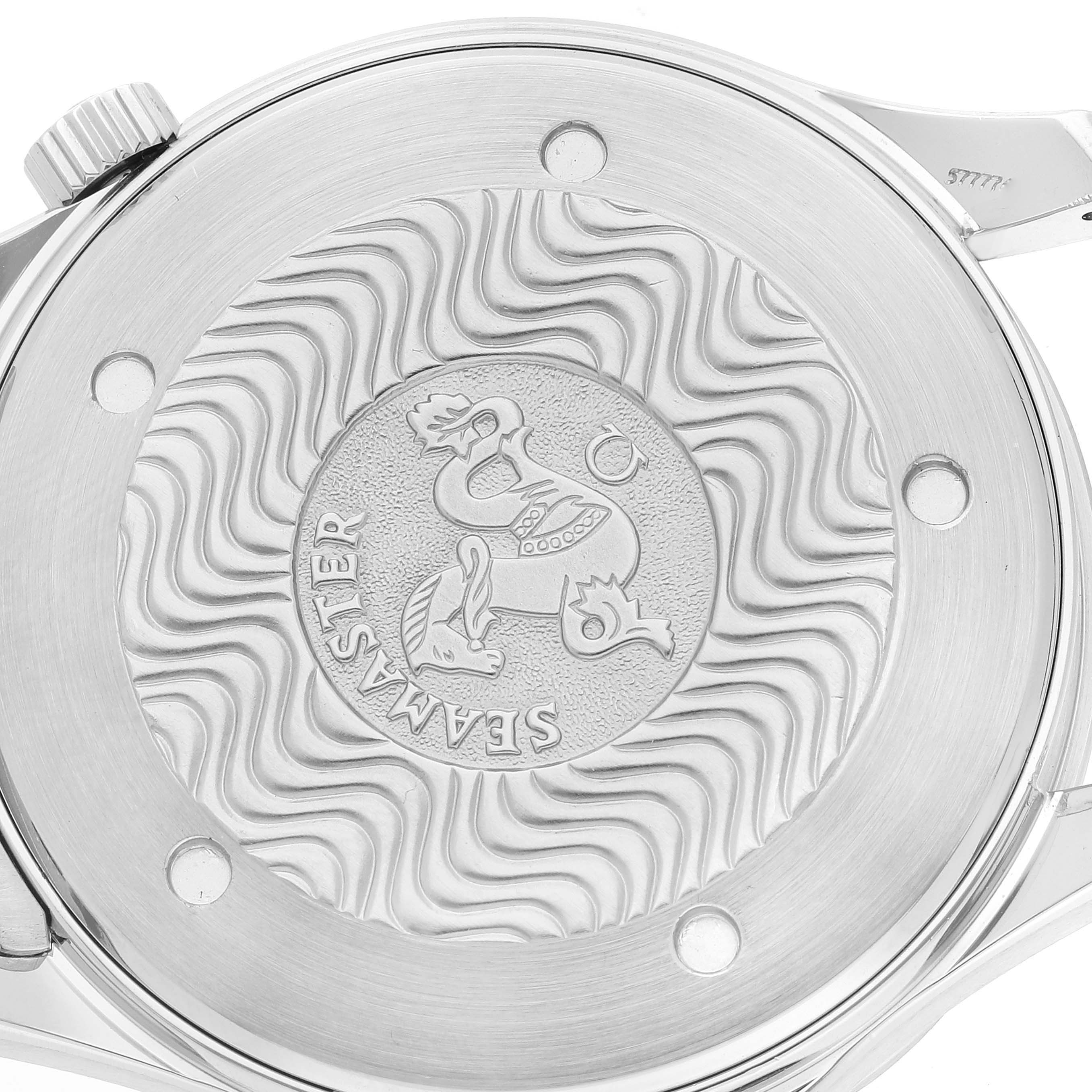 This image shows the case back of an Omega Seamaster 2265.80.00 Men's Stainless Steel Blue Dial 2265.80.00 Men's Stainless Steel Blue Dial watch, displaying its intricate engraving and branding.