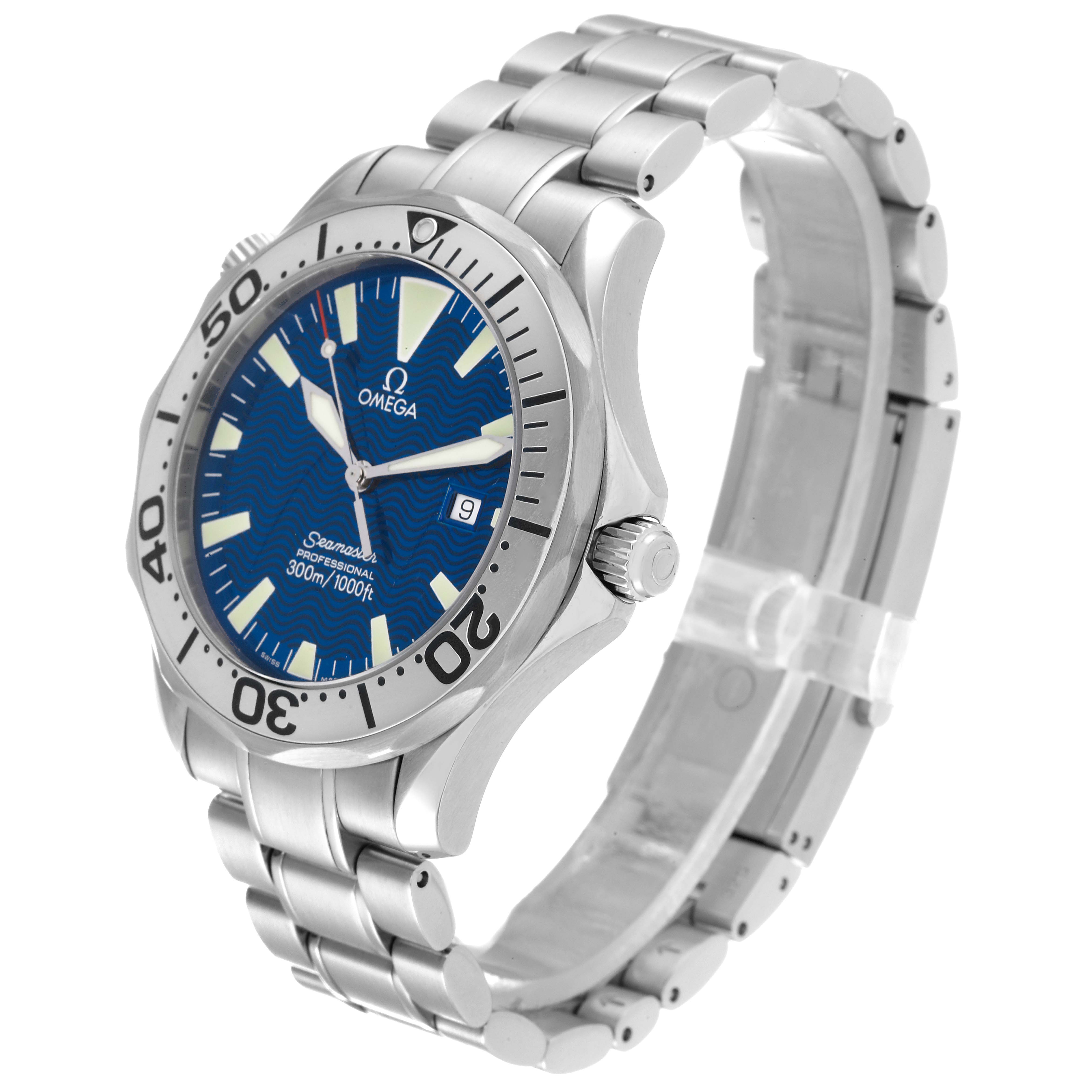 The image shows an angled view of the Omega Seamaster 2265.80.00 Men's Stainless Steel Blue Dial 2265.80.00 Men's Stainless Steel Blue Dial watch, highlighting its blue face, bezel, crown, and stainless steel bracelet.