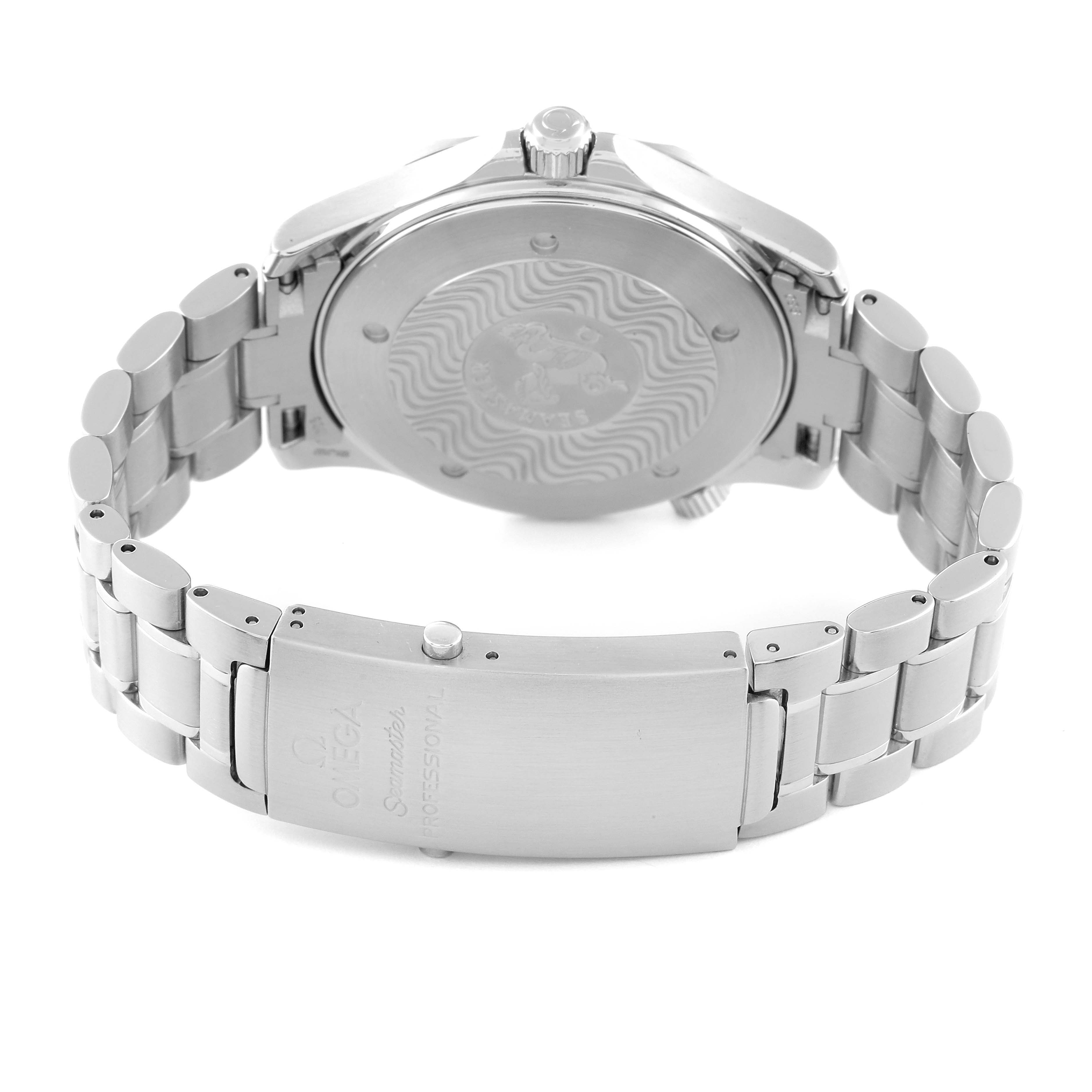 The image shows the back and clasp of an Omega Seamaster 2265.80.00 Men's Stainless Steel Blue Dial 2265.80.00 Men's Stainless Steel Blue Dial watch, highlighting the stainless steel bracelet and case back.