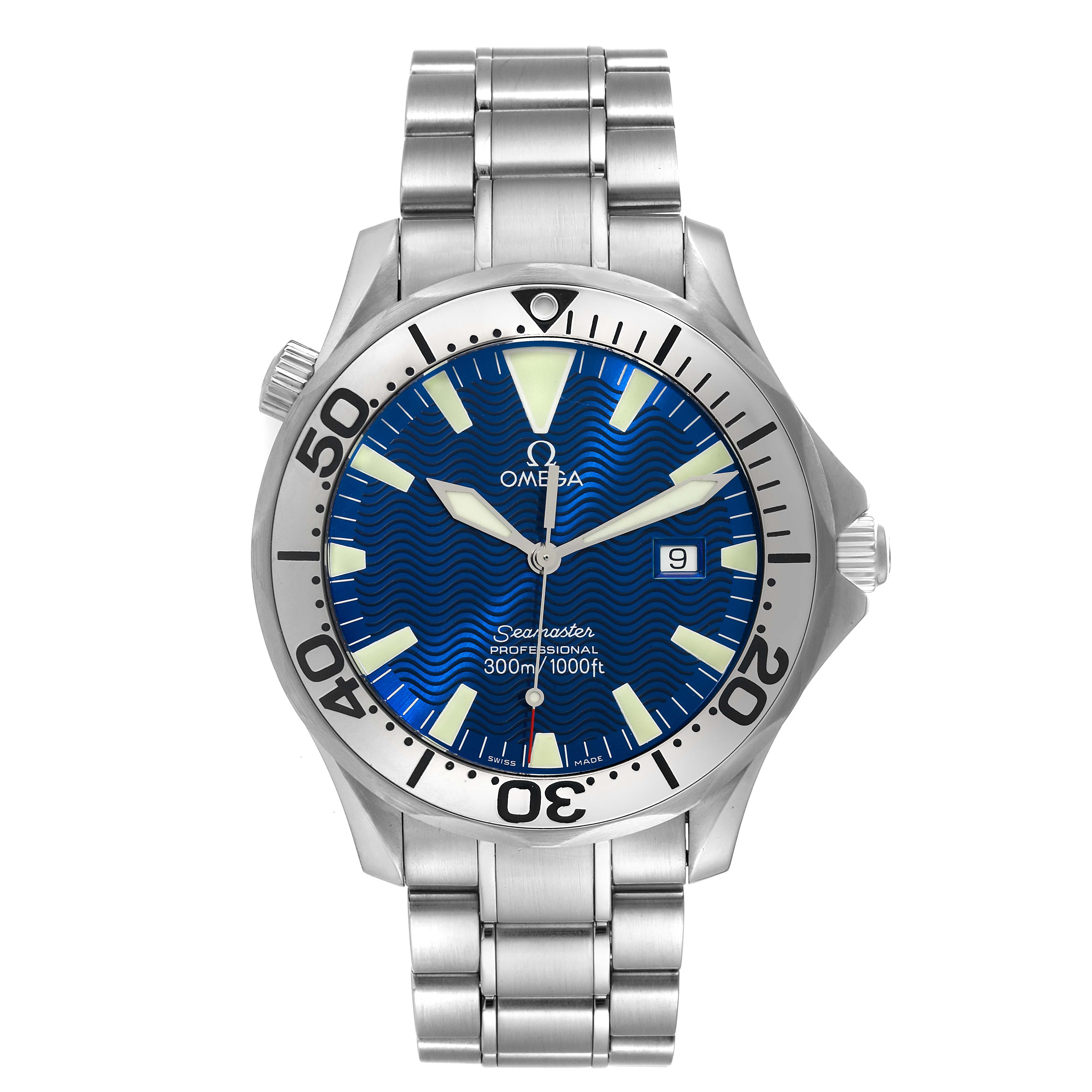 This image shows a front view of the Omega Seamaster 2265.80.00 Men's Stainless Steel Blue Dial 2265.80.00 Men's Stainless Steel Blue Dial watch, displaying its bezel, dial, hands, and bracelet.