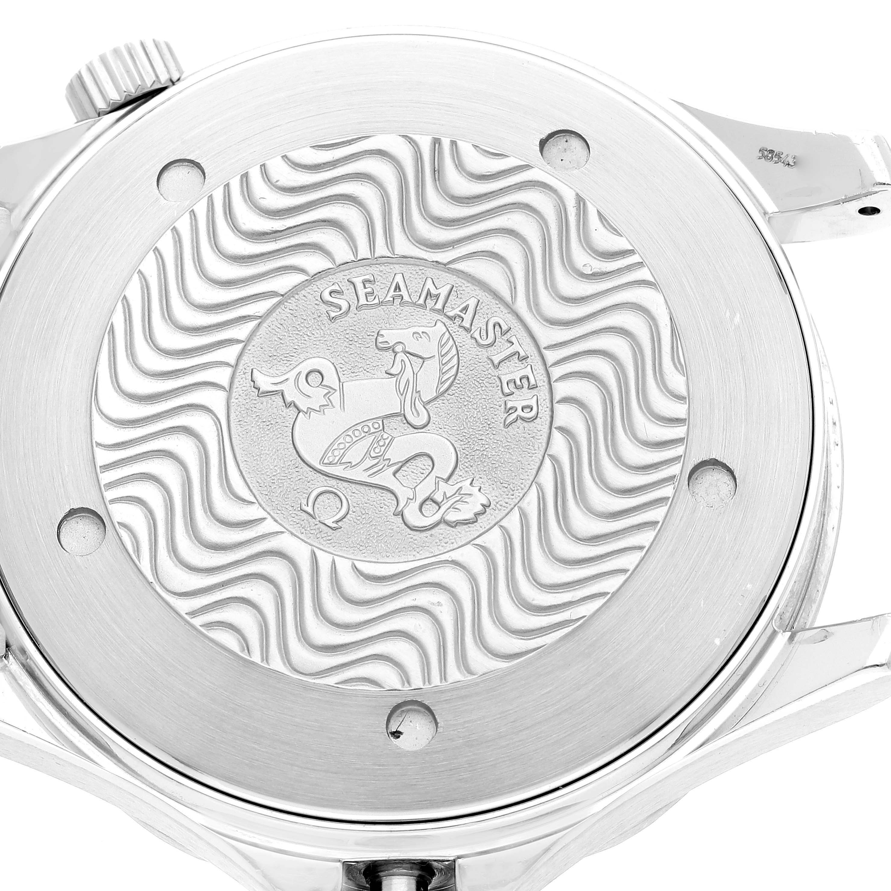 This image shows the back case of the Omega Seamaster 2265.80.00 Men's Stainless Steel Blue Dial 2265.80.00 Men's Stainless Steel Blue Dial watch, featuring a wave pattern and the Seamaster logo.