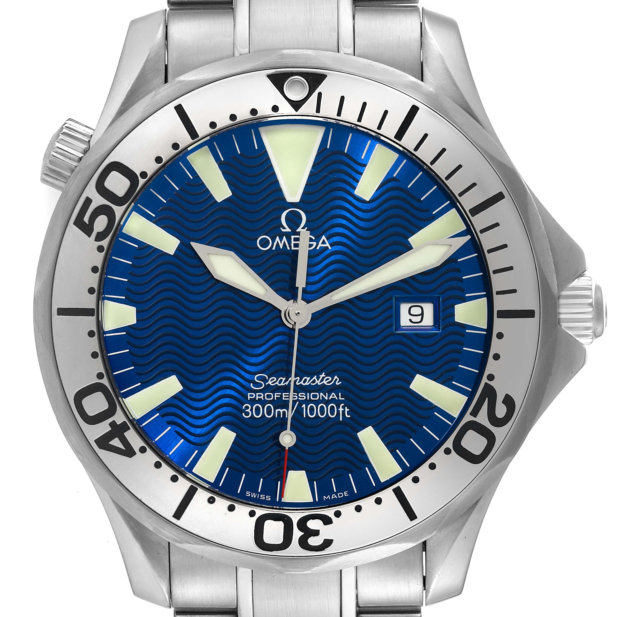 The image shows a head-on view of the Omega Seamaster 2265.80.00 Men's Stainless Steel Blue Dial 2265.80.00 Men's Stainless Steel Blue Dial watch, highlighting its blue dial, bezel, and date window.
