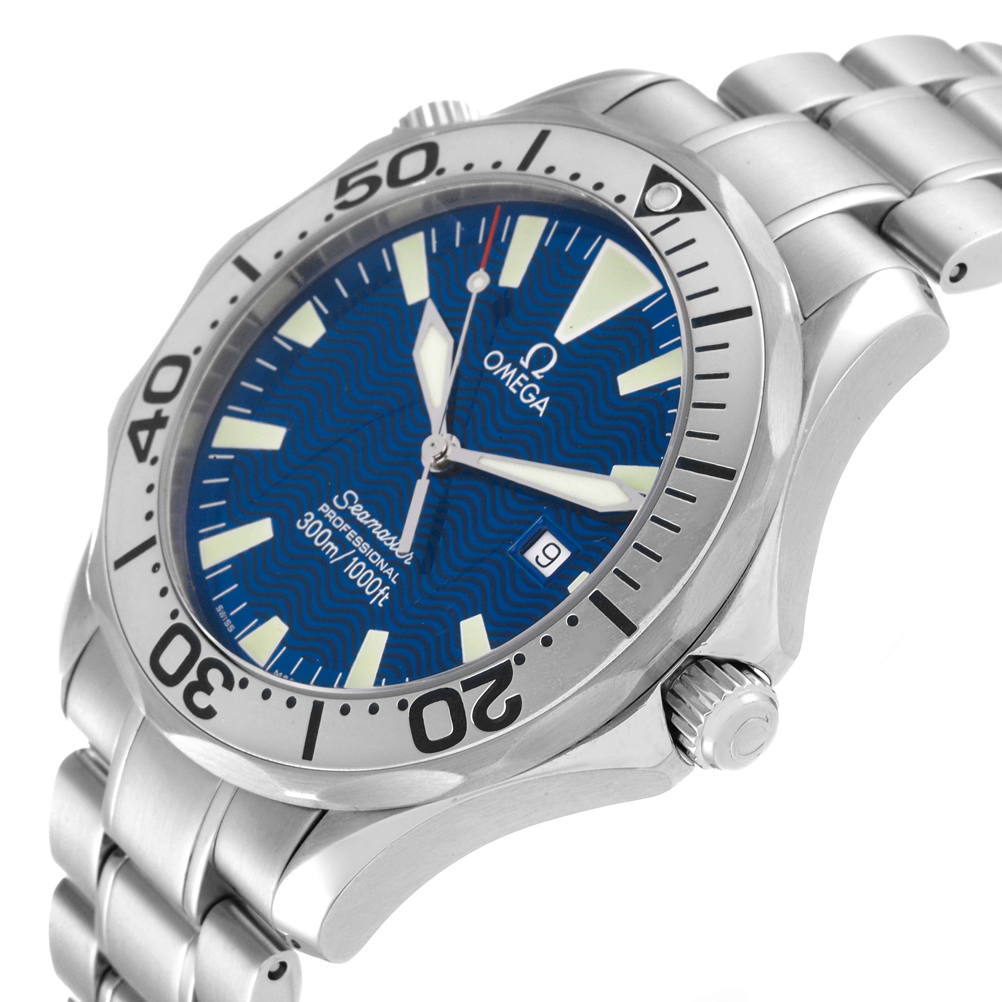 The image shows an Omega Seamaster 2265.80.00 Men's Stainless Steel Blue Dial 2265.80.00 Men's Stainless Steel Blue Dial watch at an angled side view, highlighting the face, bezel, crown, and bracelet.