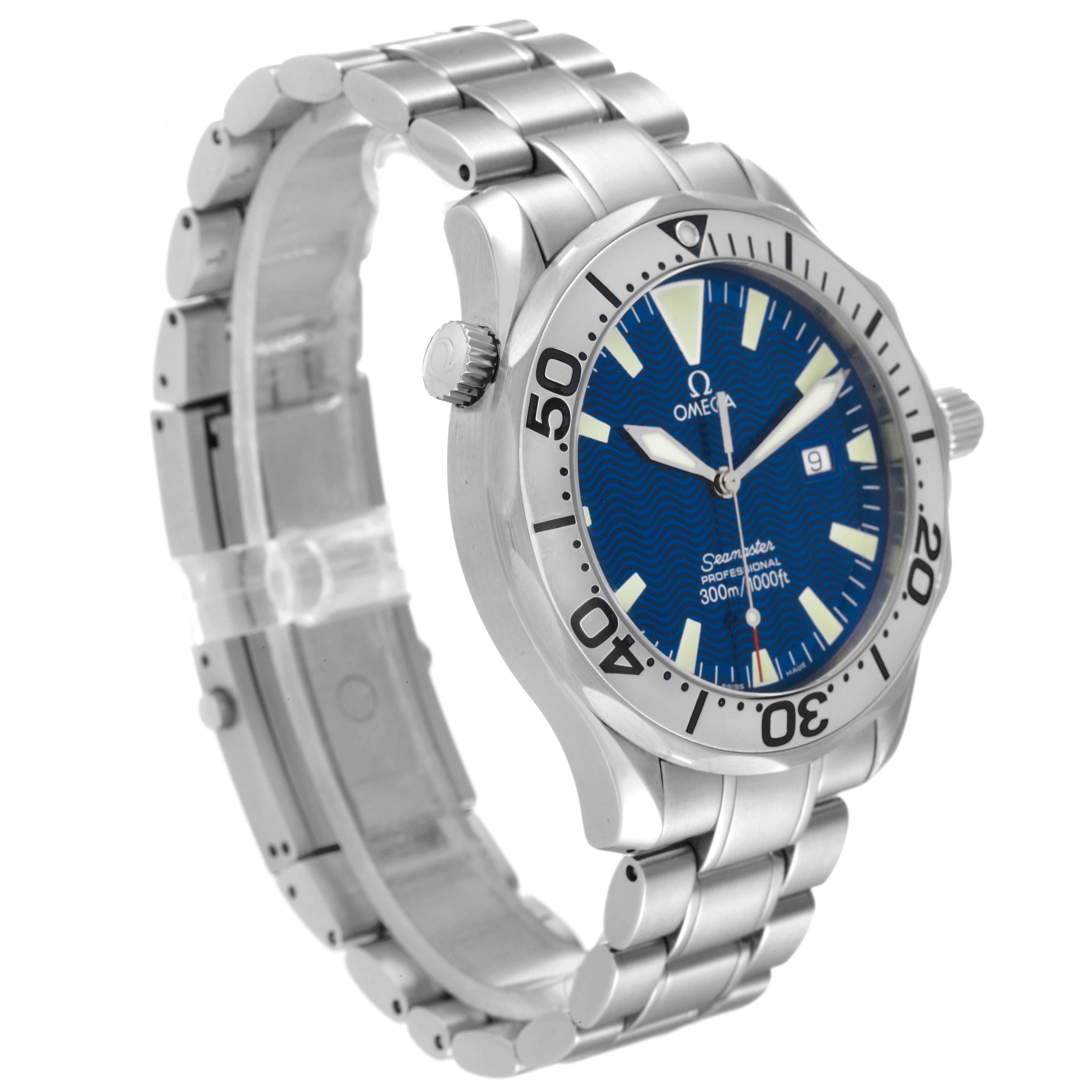 The Omega Seamaster 2265.80.00 Men's Stainless Steel Blue Dial 2265.80.00 Men's Stainless Steel Blue Dial watch is shown from a three-quarter angle, displaying its blue dial, bezel, and stainless steel bracelet.