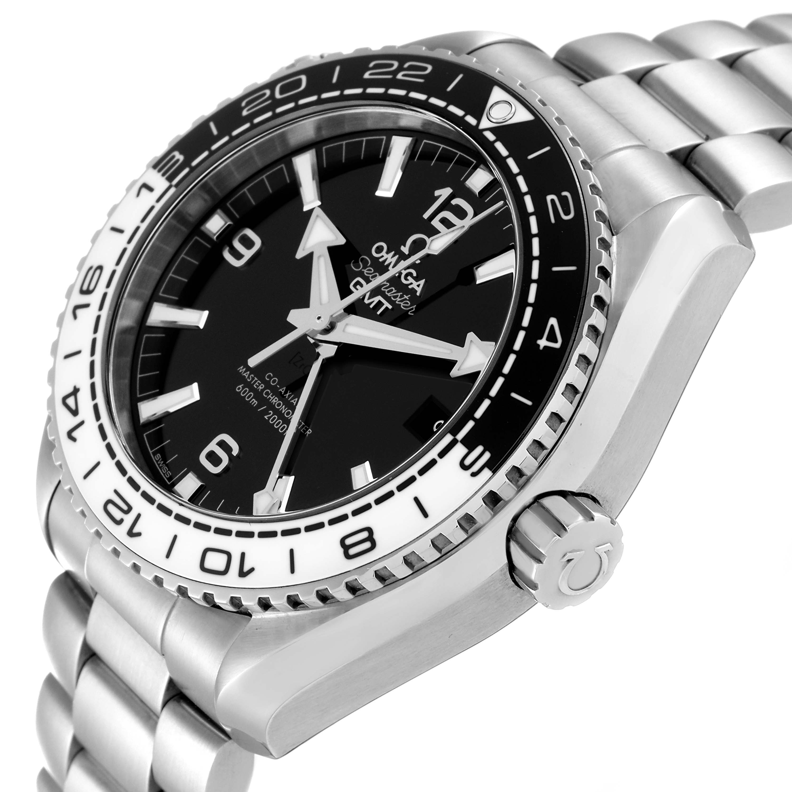 The image shows an angled view of an Omega Planet Ocean 215.30.44.22.01.001 Men
s Stainless Steel Black Dial 215.30.44.22.01.001 Men
s Stainless Steel Black Dial watch
s face, bezel, crown, and part of the metal bracelet.