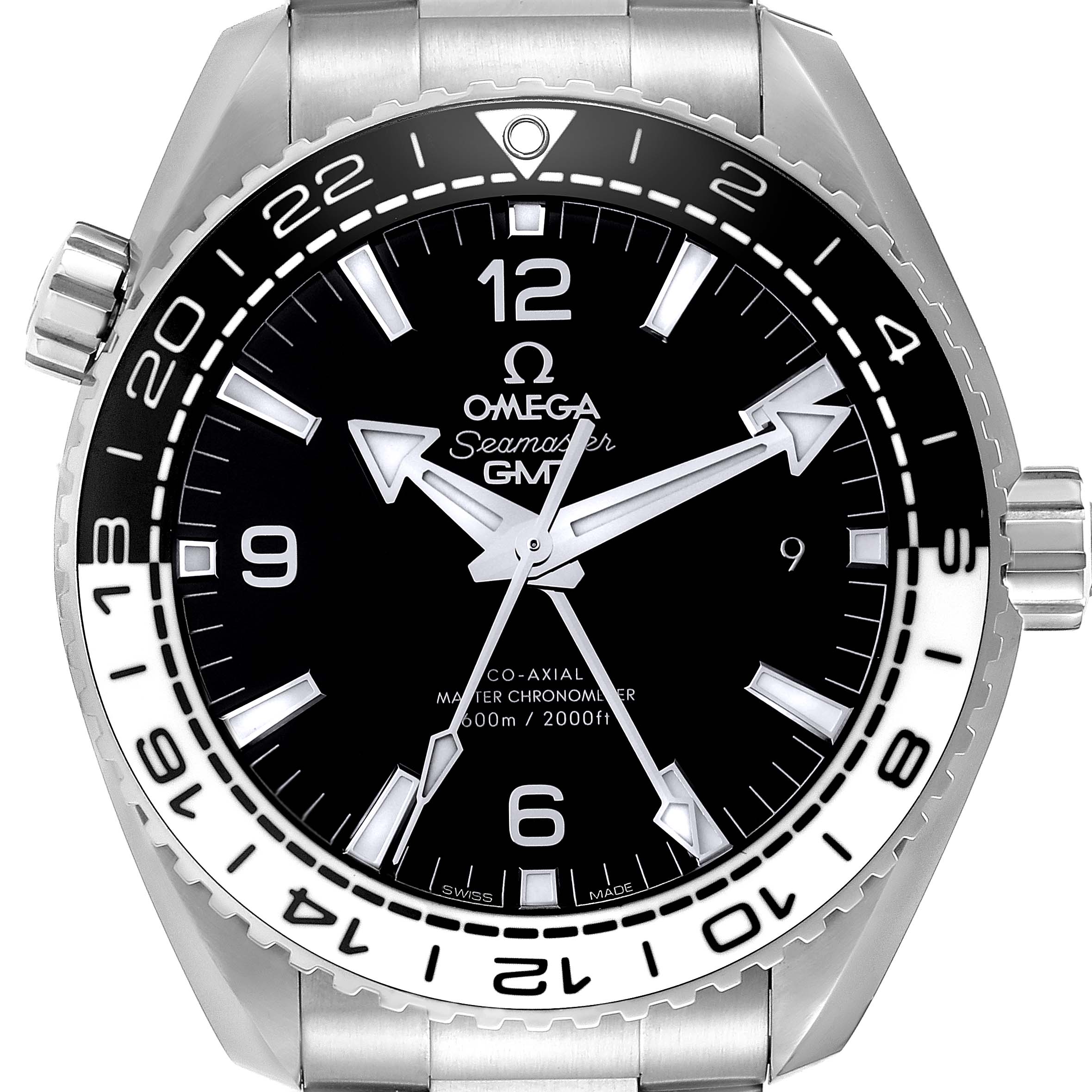 The image shows a front view of the Omega Planet Ocean 215.30.44.22.01.001 Men
s Stainless Steel Black Dial 215.30.44.22.01.001 Men
s Stainless Steel Black Dial Seamaster GMT watch, highlighting the dial, bezel, and crown.