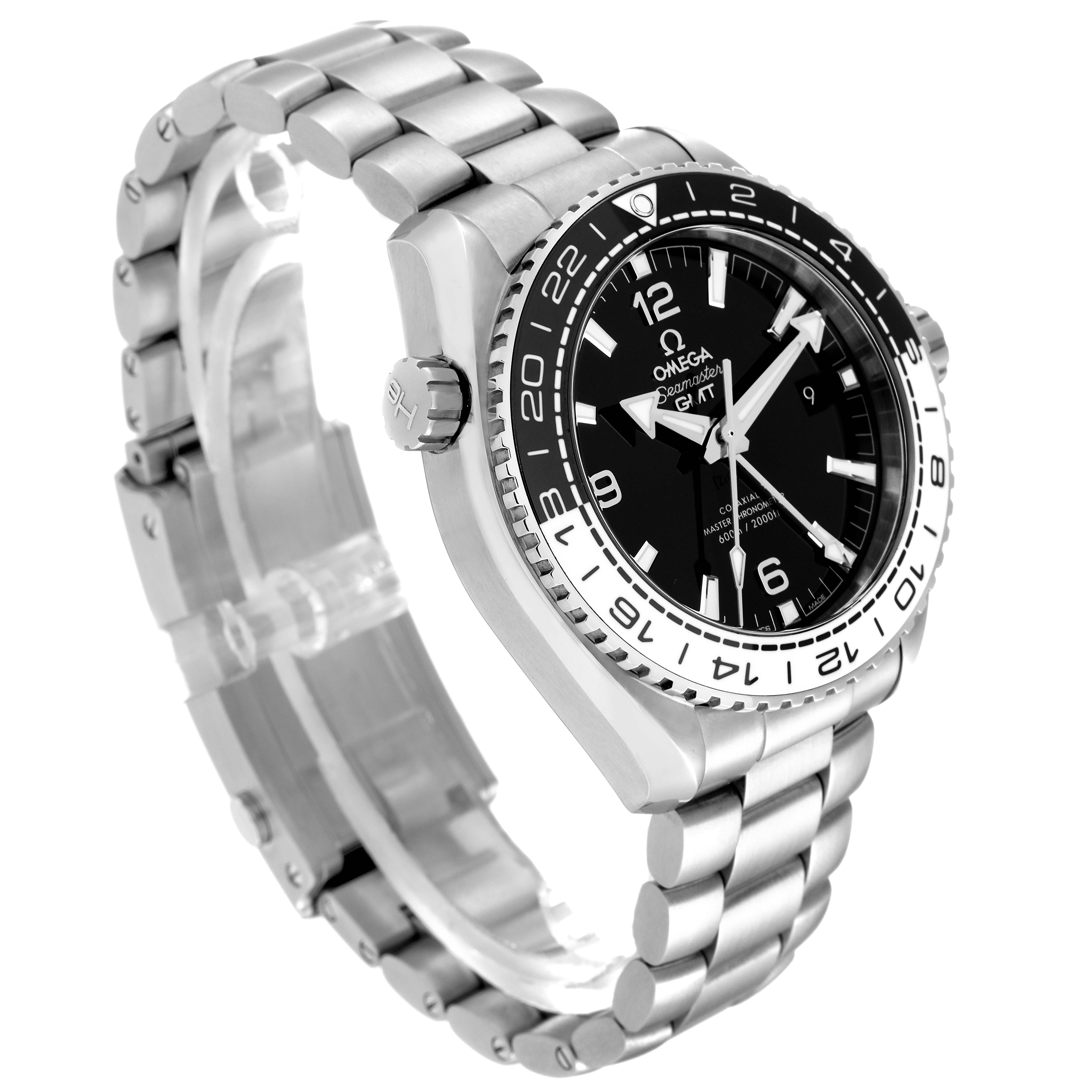 The image shows an angled view of the Omega Planet Ocean 215.30.44.22.01.001 Men
s Stainless Steel Black Dial 215.30.44.22.01.001 Men
s Stainless Steel Black Dial watch, highlighting its face, bezel, and bracelet.