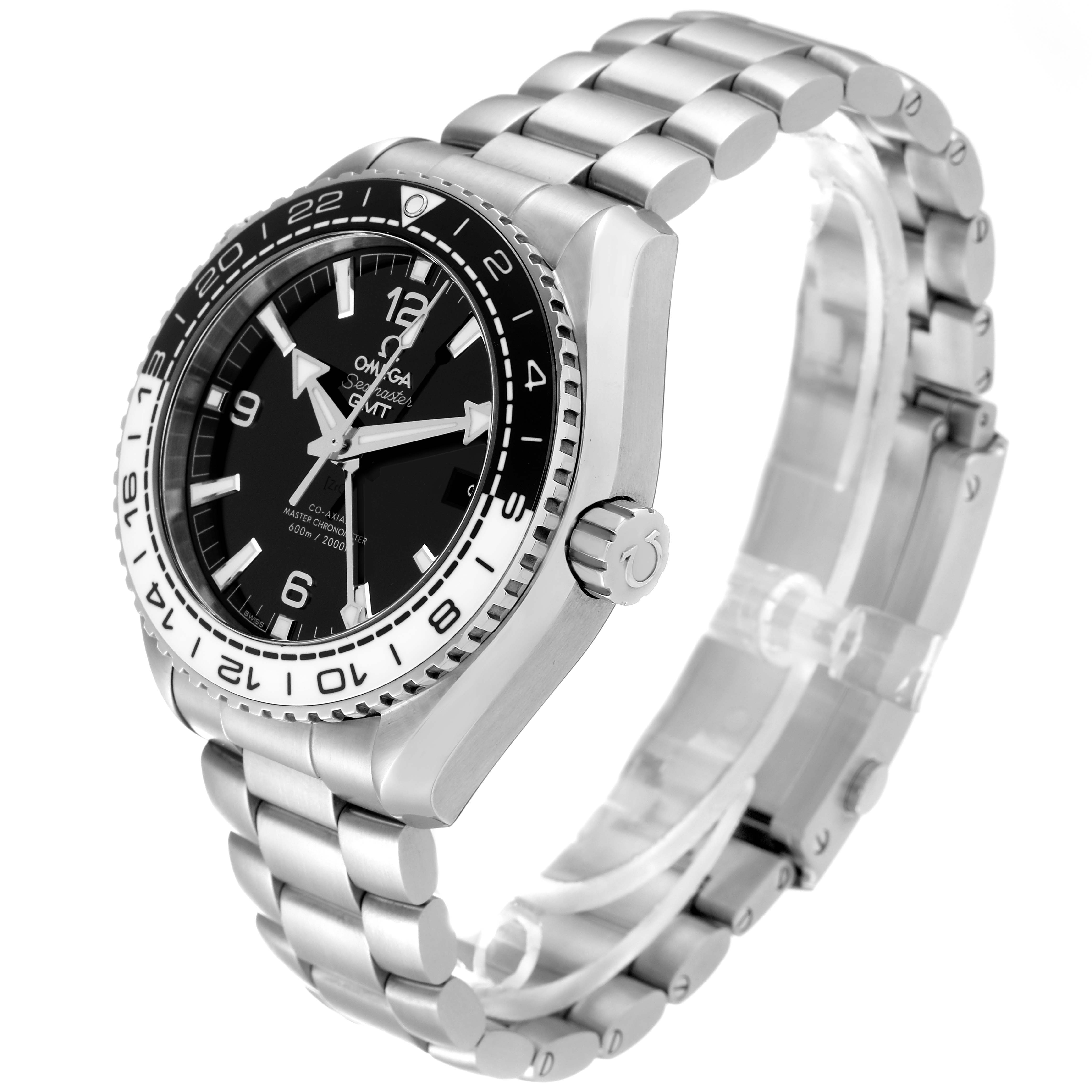 The Omega Planet Ocean 215.30.44.22.01.001 Men
s Stainless Steel Black Dial 215.30.44.22.01.001 Men
s Stainless Steel Black Dial watch is shown at a three-quarter angle, highlighting the bezel, crown, dial, bracelet, and clasp.