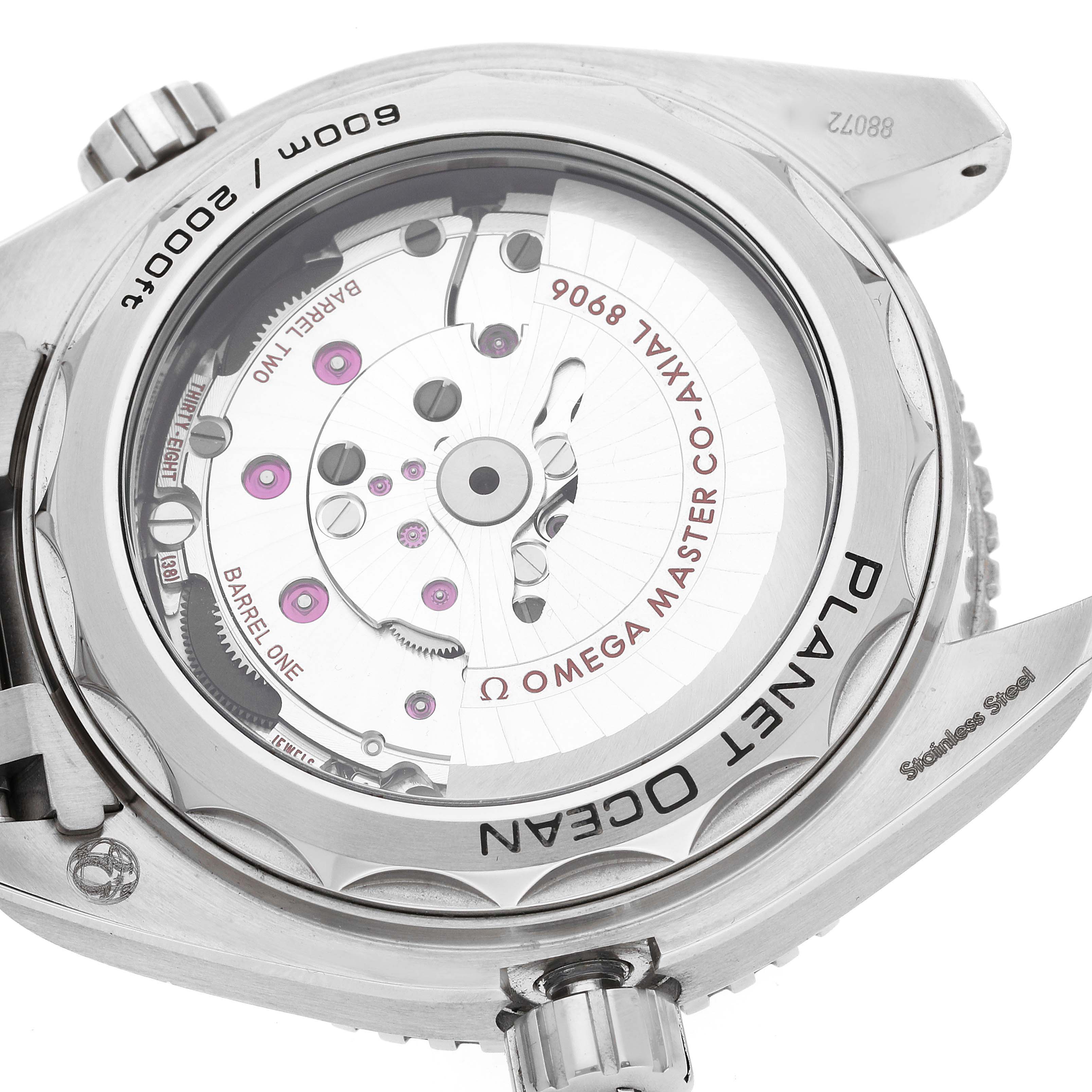 This image shows the back view of an Omega Planet Ocean 215.30.44.22.01.001 Men
s Stainless Steel Black Dial 215.30.44.22.01.001 Men
s Stainless Steel Black Dial watch, showcasing the internal mechanism and branding details.