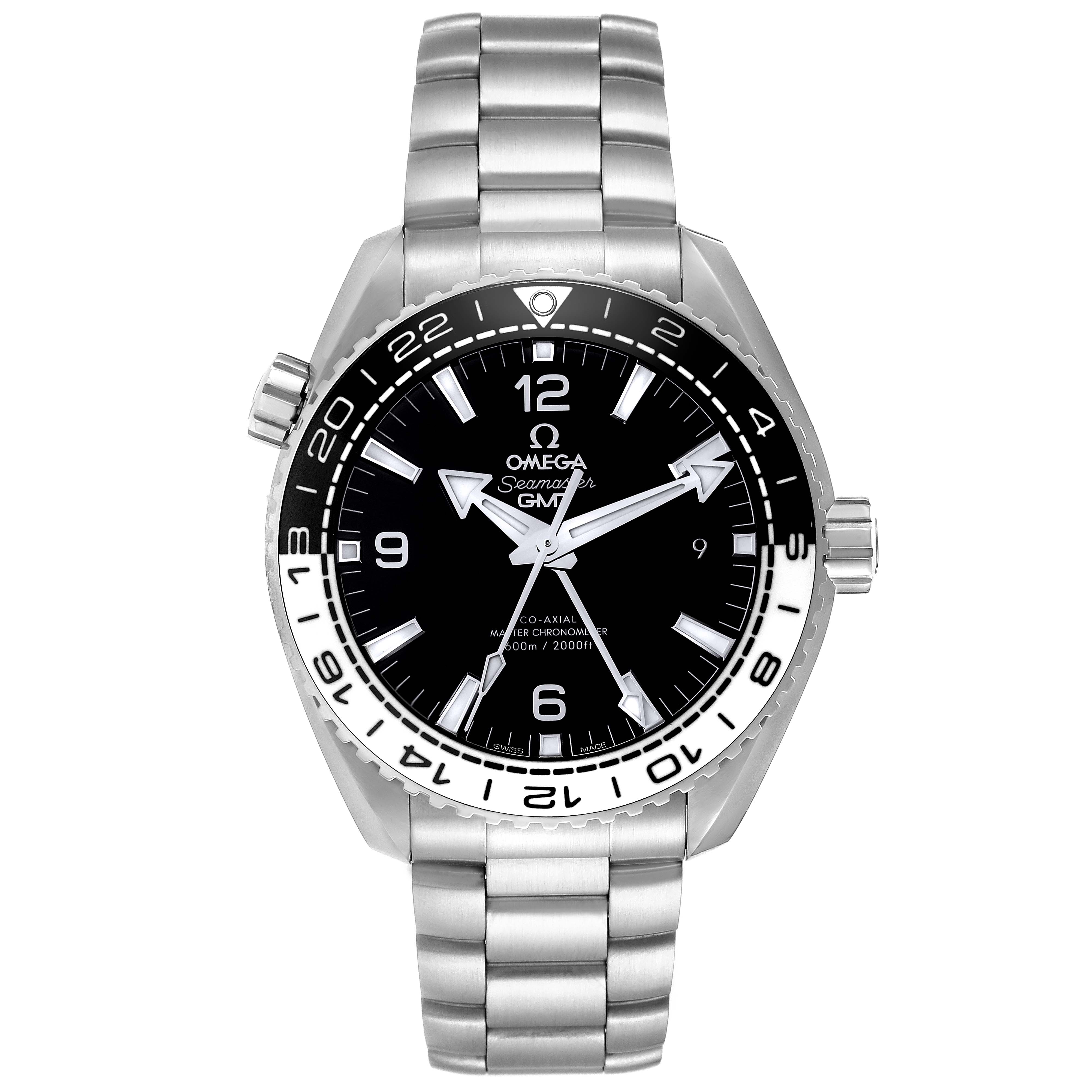 The image shows a front angle of the Omega Planet Ocean 215.30.44.22.01.001 Men
s Stainless Steel Black Dial 215.30.44.22.01.001 Men
s Stainless Steel Black Dial model with a black dial and silver stainless steel bracelet.