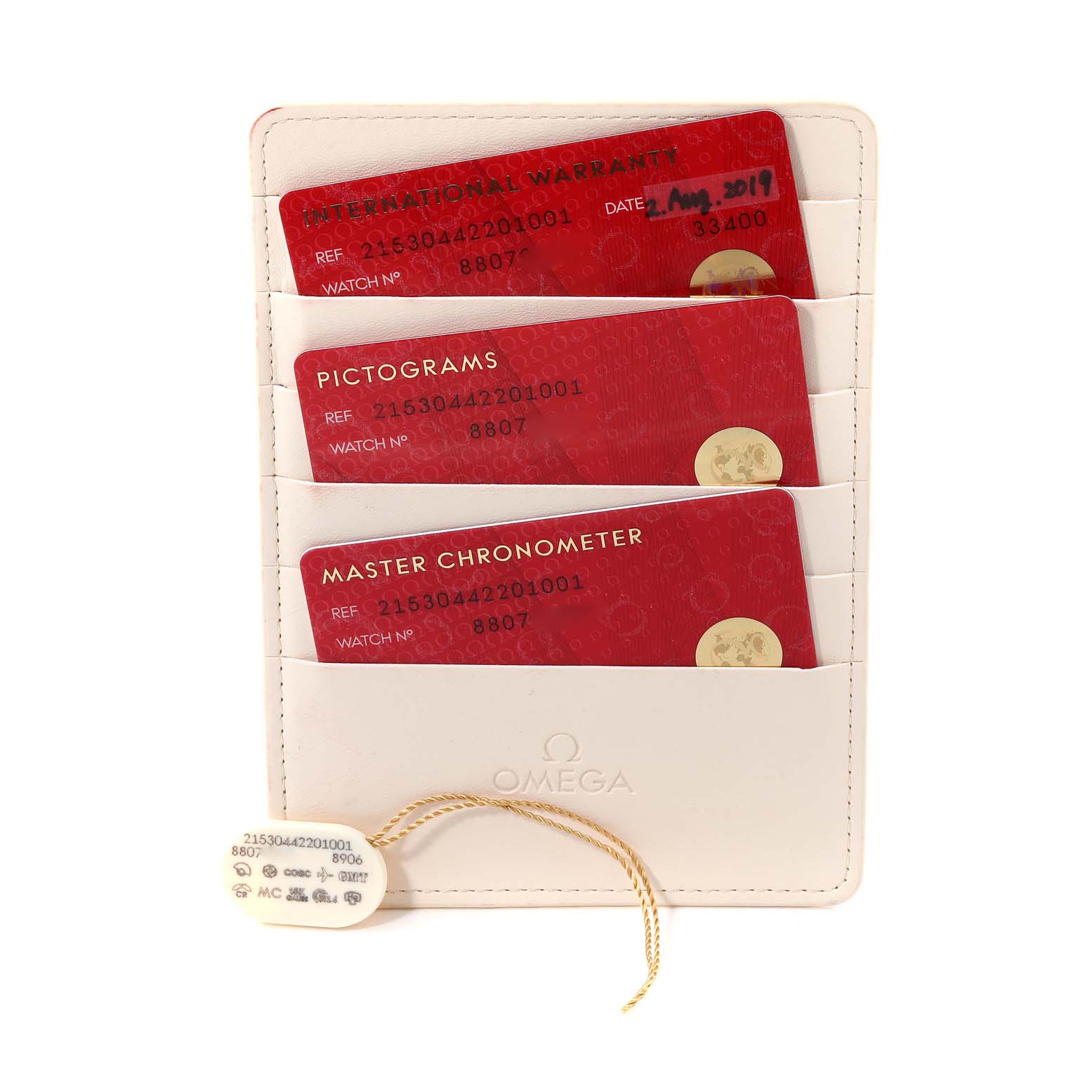 The image shows the warranty cards and tags for the Planet Ocean model by Omega in a white cardholder.