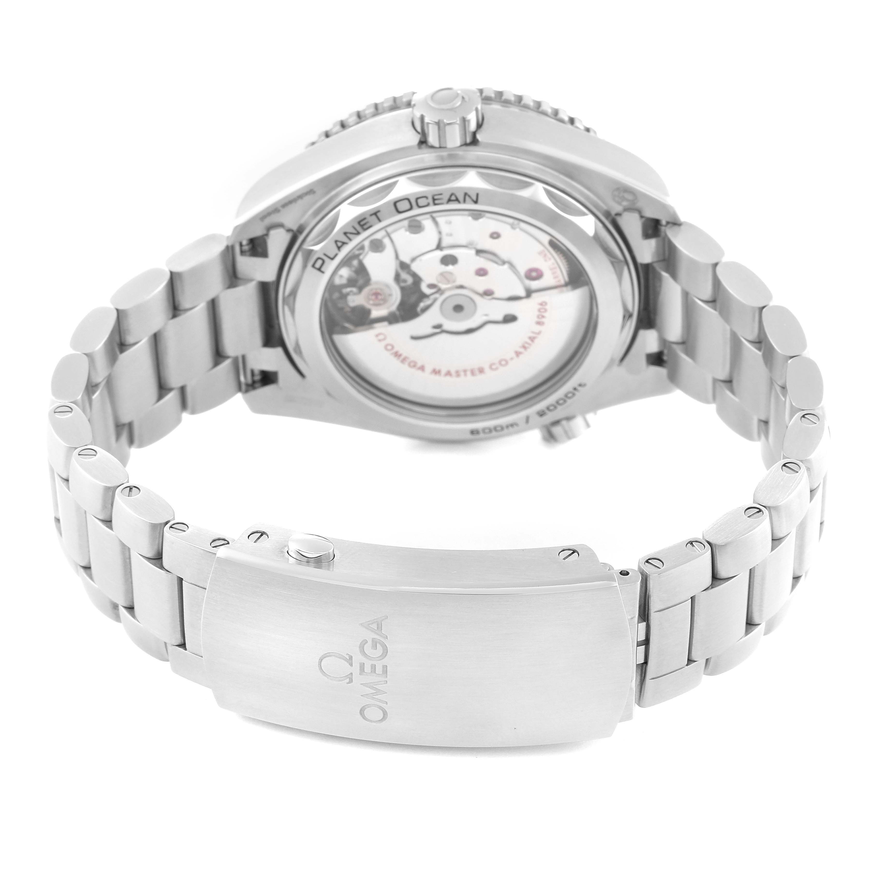 The image shows the back view of an Omega Planet Ocean 215.30.44.22.01.001 Men
s Stainless Steel Black Dial 215.30.44.22.01.001 Men
s Stainless Steel Black Dial watch, highlighting its bracelet and case back.