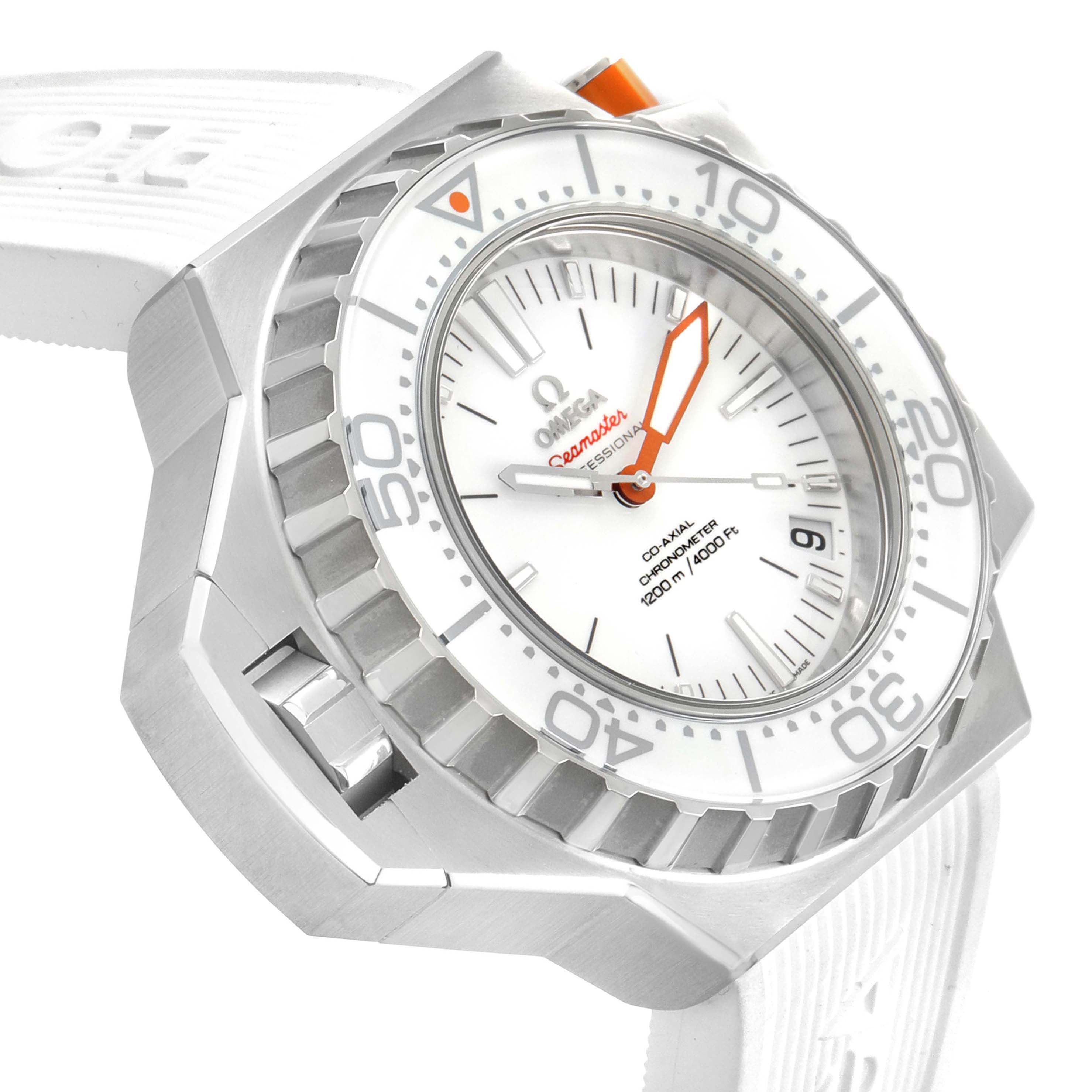 The image shows a side and angled view of the Omega Ploprof 224.32.55.21.04.001 Men's Stainless Steel White Dial 224.32.55.21.04.001 Men's Stainless Steel White Dial watch, highlighting the bezel, face, and part of the strap.