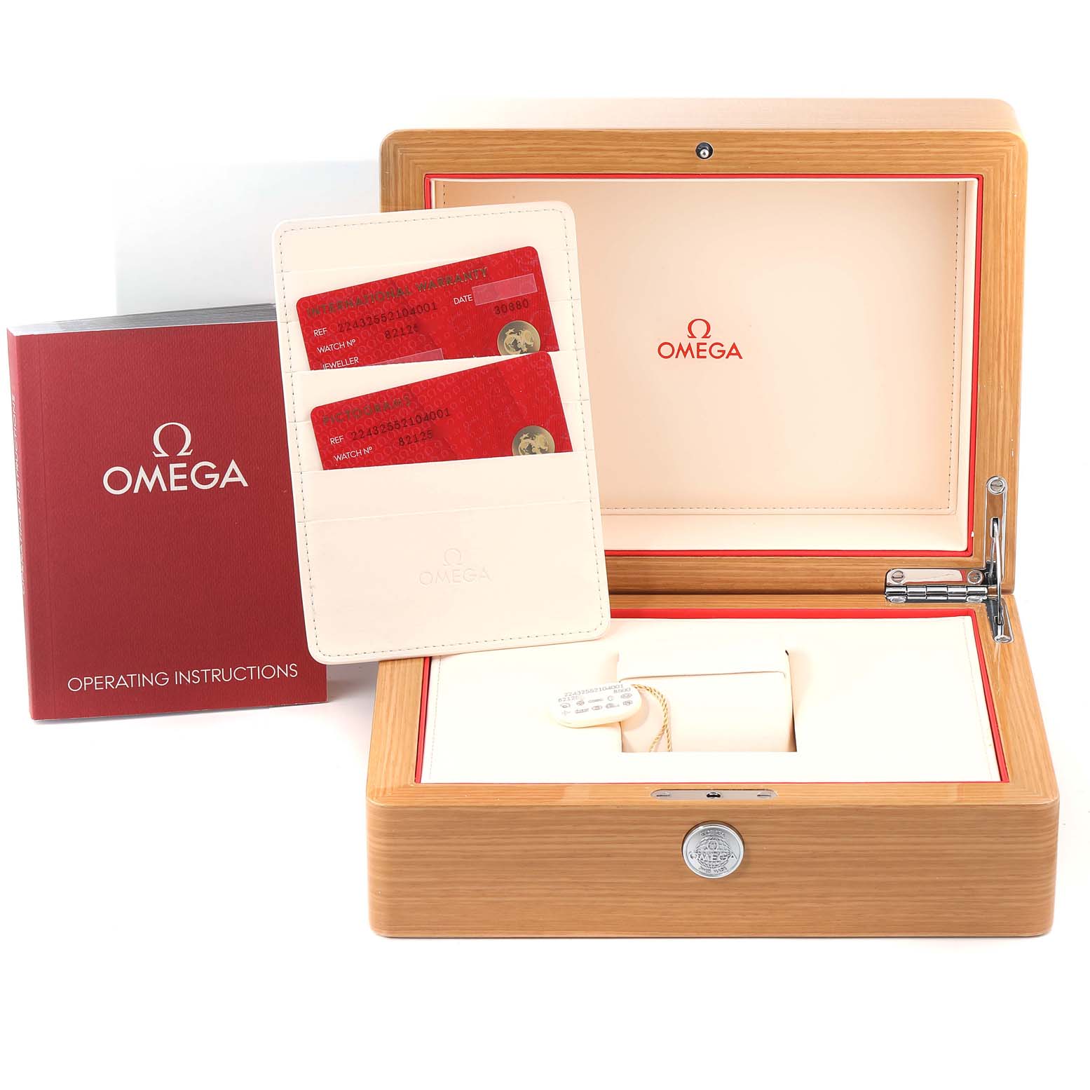 The image shows the packaging and accessories for an Omega Ploprof 224.32.55.21.04.001 Men's Stainless Steel White Dial 224.32.55.21.04.001 Men's Stainless Steel White Dial watch, including a wooden box, warranty cards, and an instruction manual.