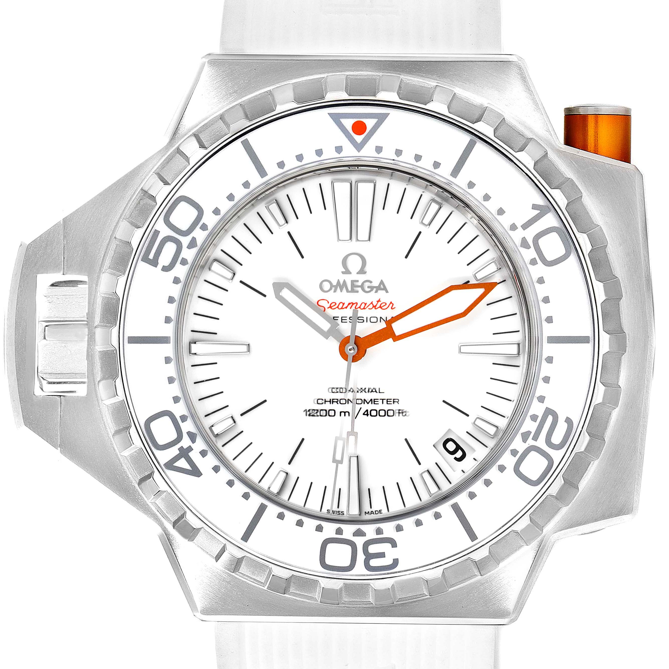 The image shows a front view of an Omega Seamaster Ploprof watch, highlighting its dial, bezel, and markers.