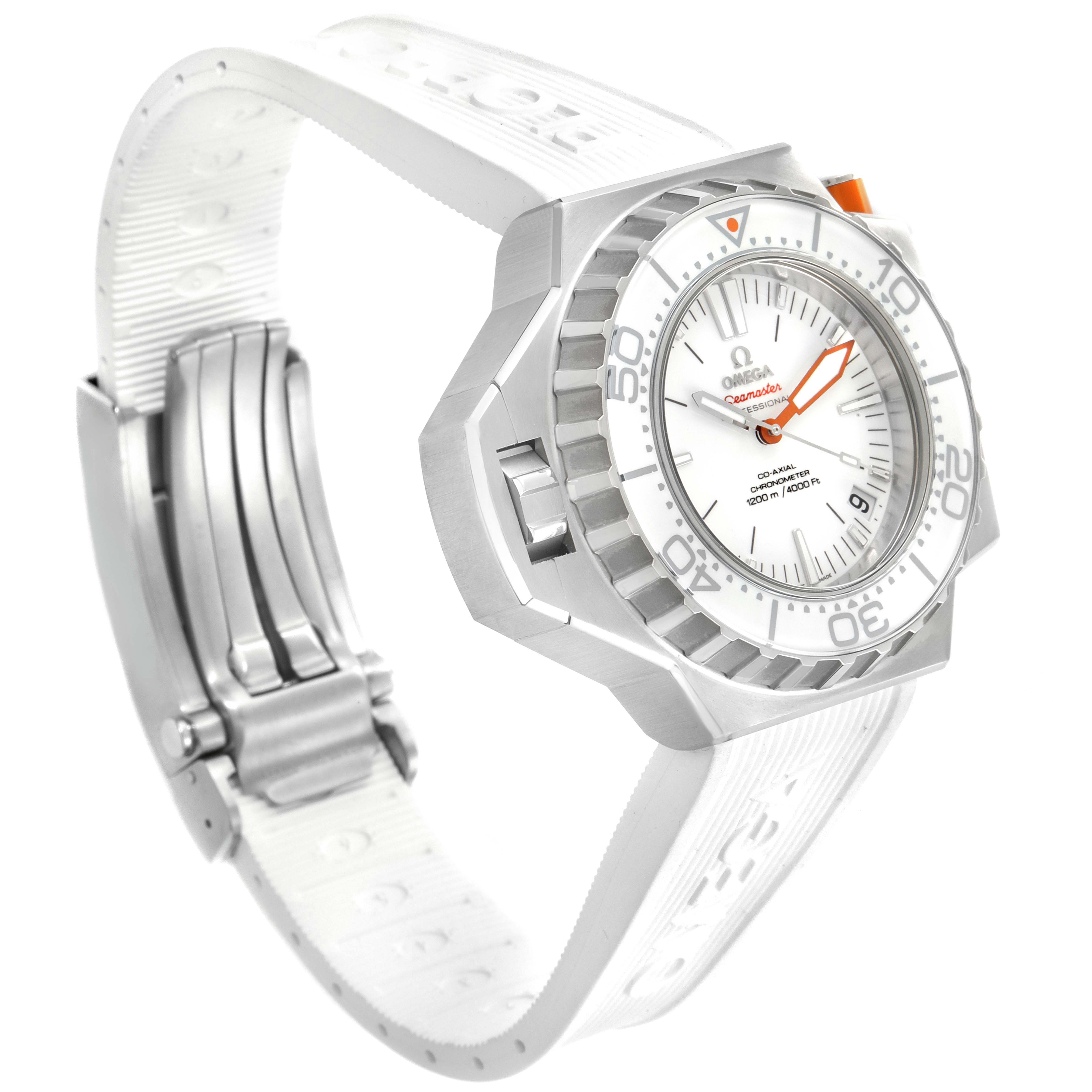 The image shows an angled view of a white Omega Ploprof 224.32.55.21.04.001 Men's Stainless Steel White Dial 224.32.55.21.04.001 Men's Stainless Steel White Dial watch, focusing on the face, bezel, and strap.
