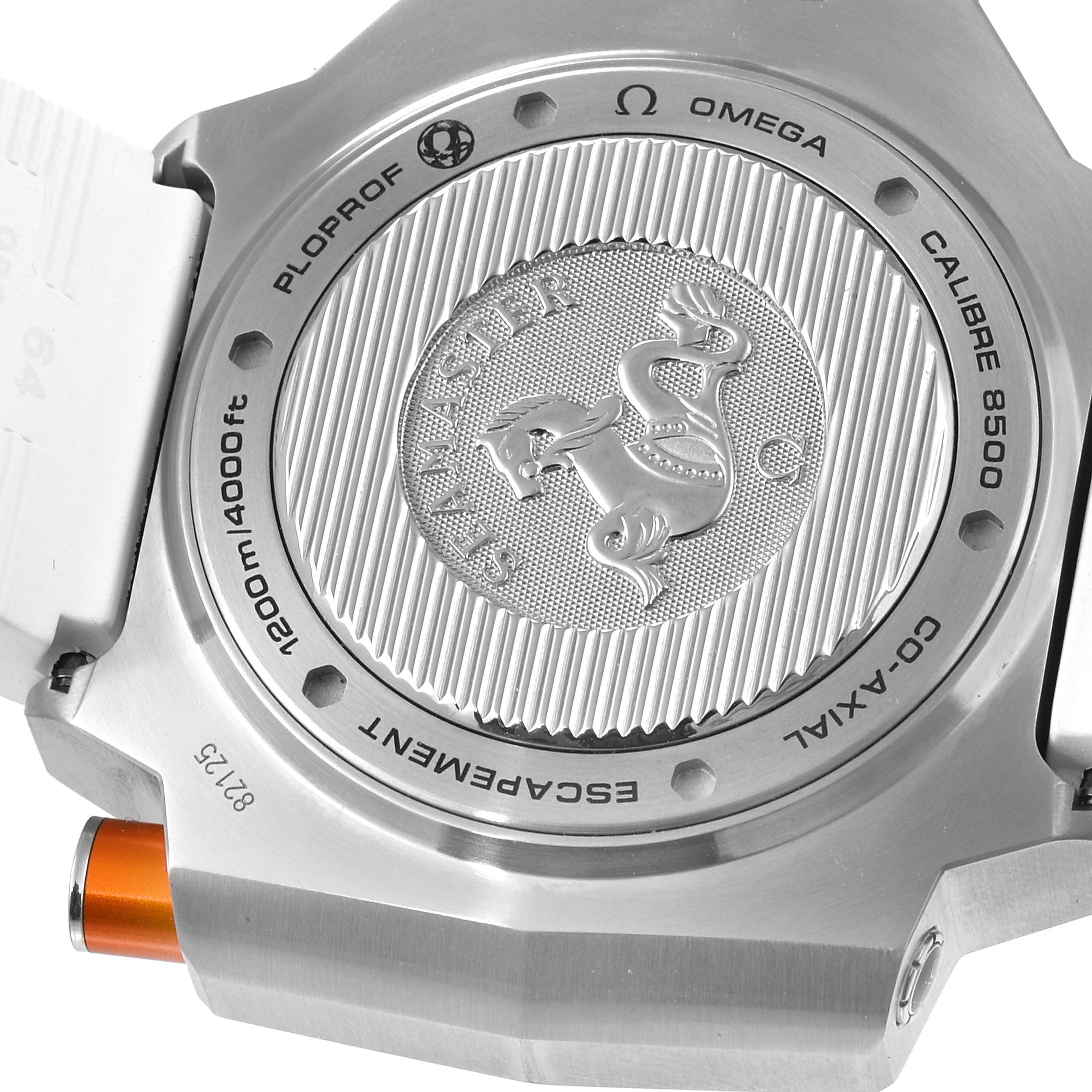 The image shows the back case and details of the Omega Ploprof 224.32.55.21.04.001 Men's Stainless Steel White Dial 224.32.55.21.04.001 Men's Stainless Steel White Dial model watch, including the engraving and rear side button.