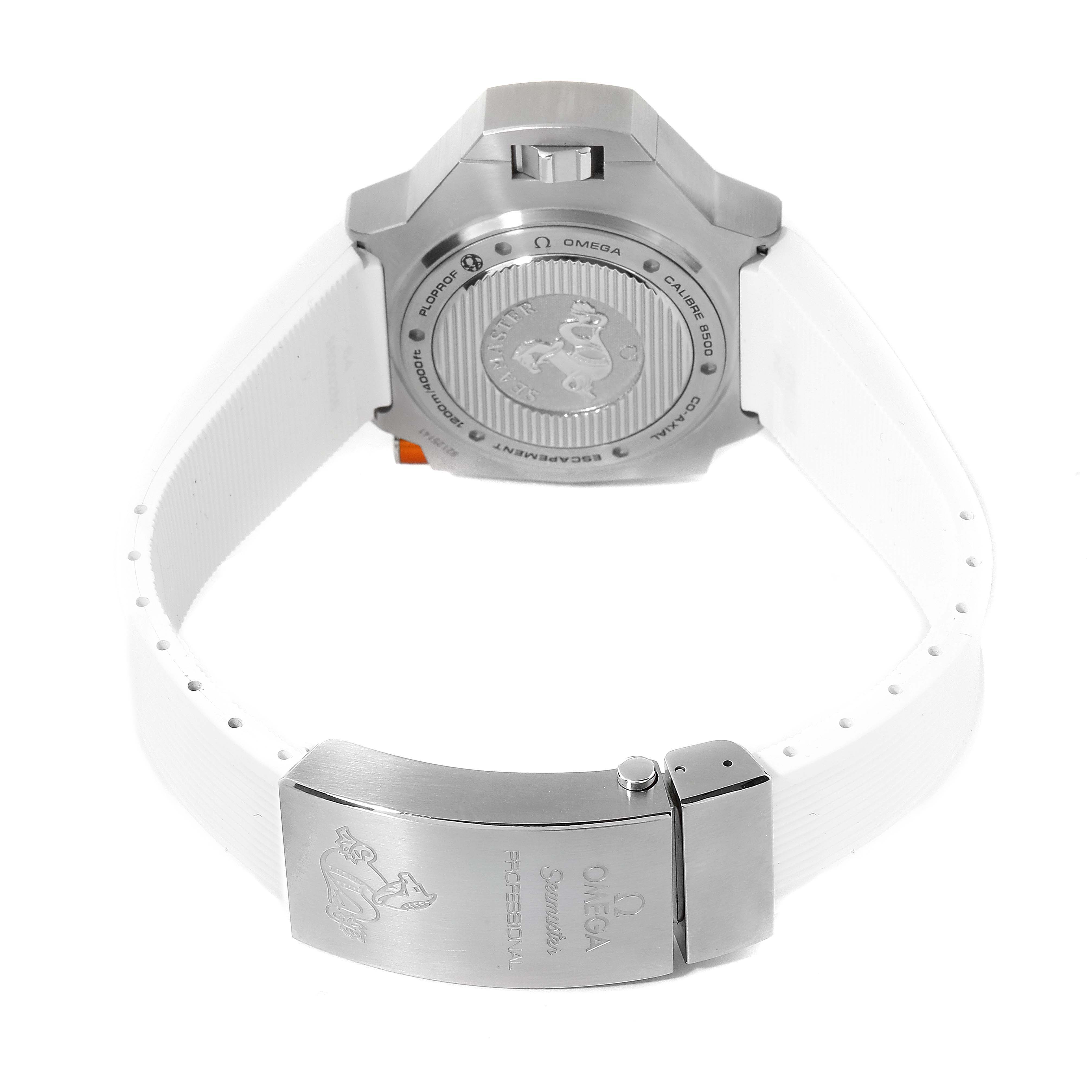 The image shows the back and clasp of an Omega Ploprof 224.32.55.21.04.001 Men's Stainless Steel White Dial 224.32.55.21.04.001 Men's Stainless Steel White Dial watch featuring a white strap.