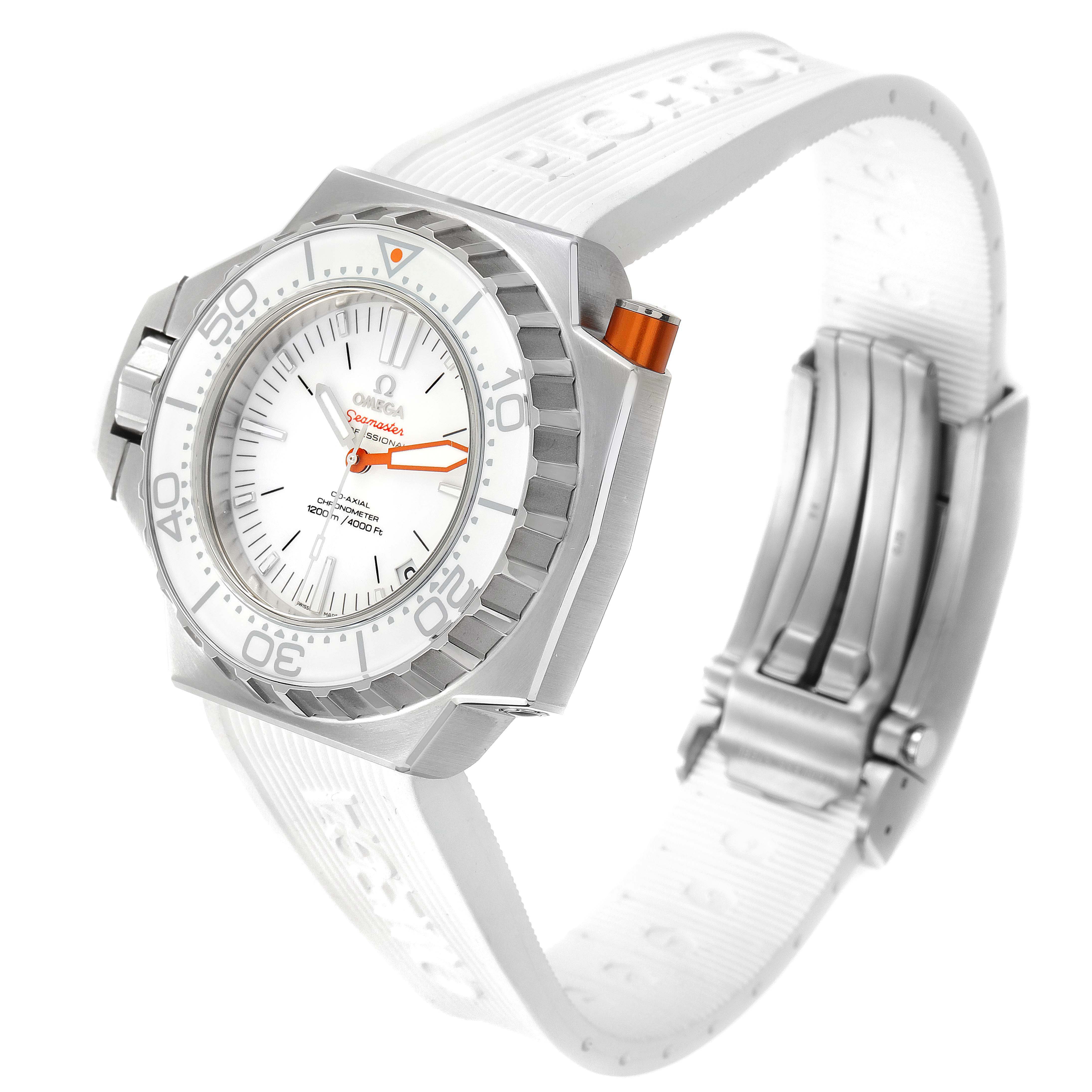 This image shows an Omega Ploprof 224.32.55.21.04.001 Men's Stainless Steel White Dial 224.32.55.21.04.001 Men's Stainless Steel White Dial watch at an angle highlighting the bezel, dial, and strap with clasp.