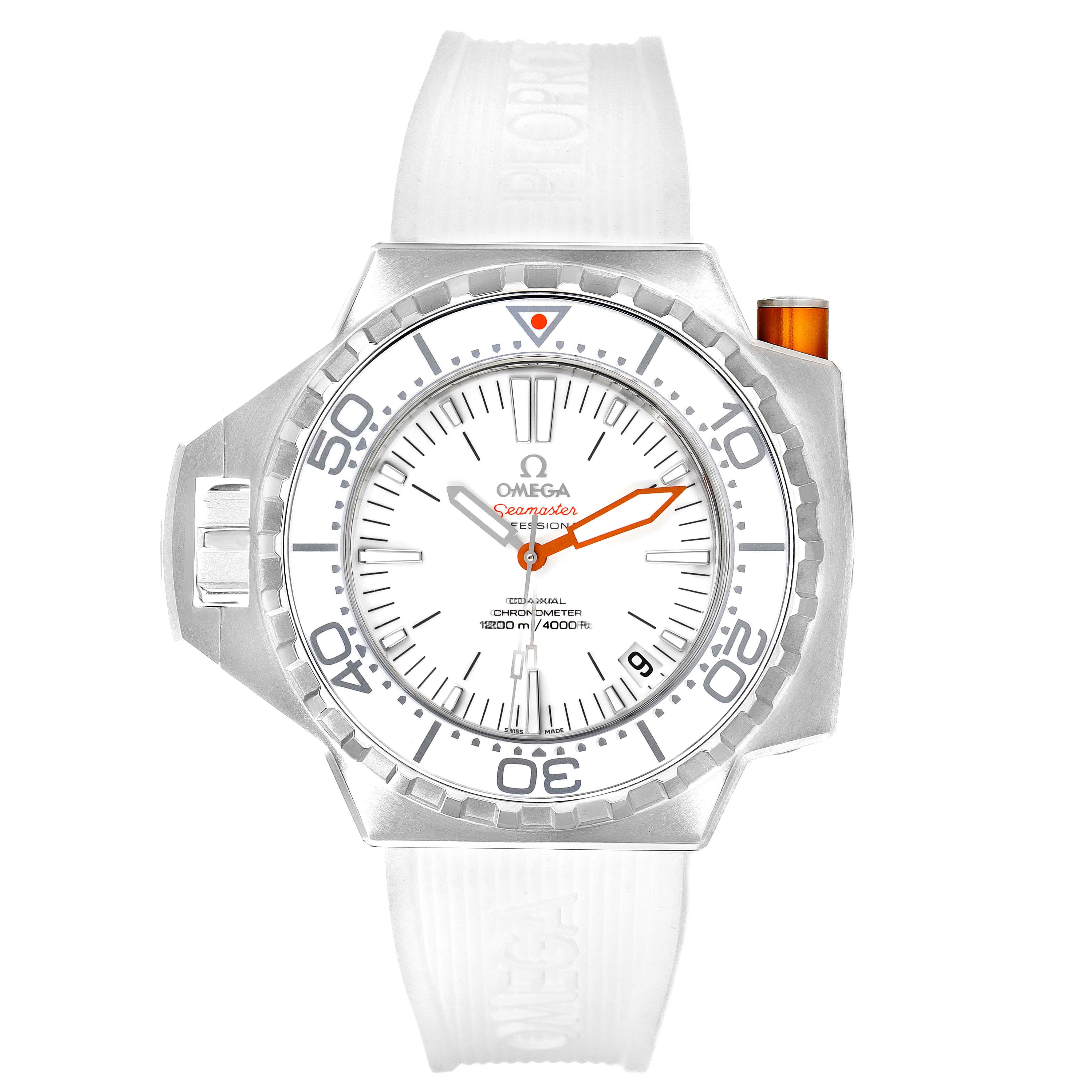 The image shows a front view of an Omega Ploprof 224.32.55.21.04.001 Men's Stainless Steel White Dial 224.32.55.21.04.001 Men's Stainless Steel White Dial Seamaster watch with a white strap and an orange accent.