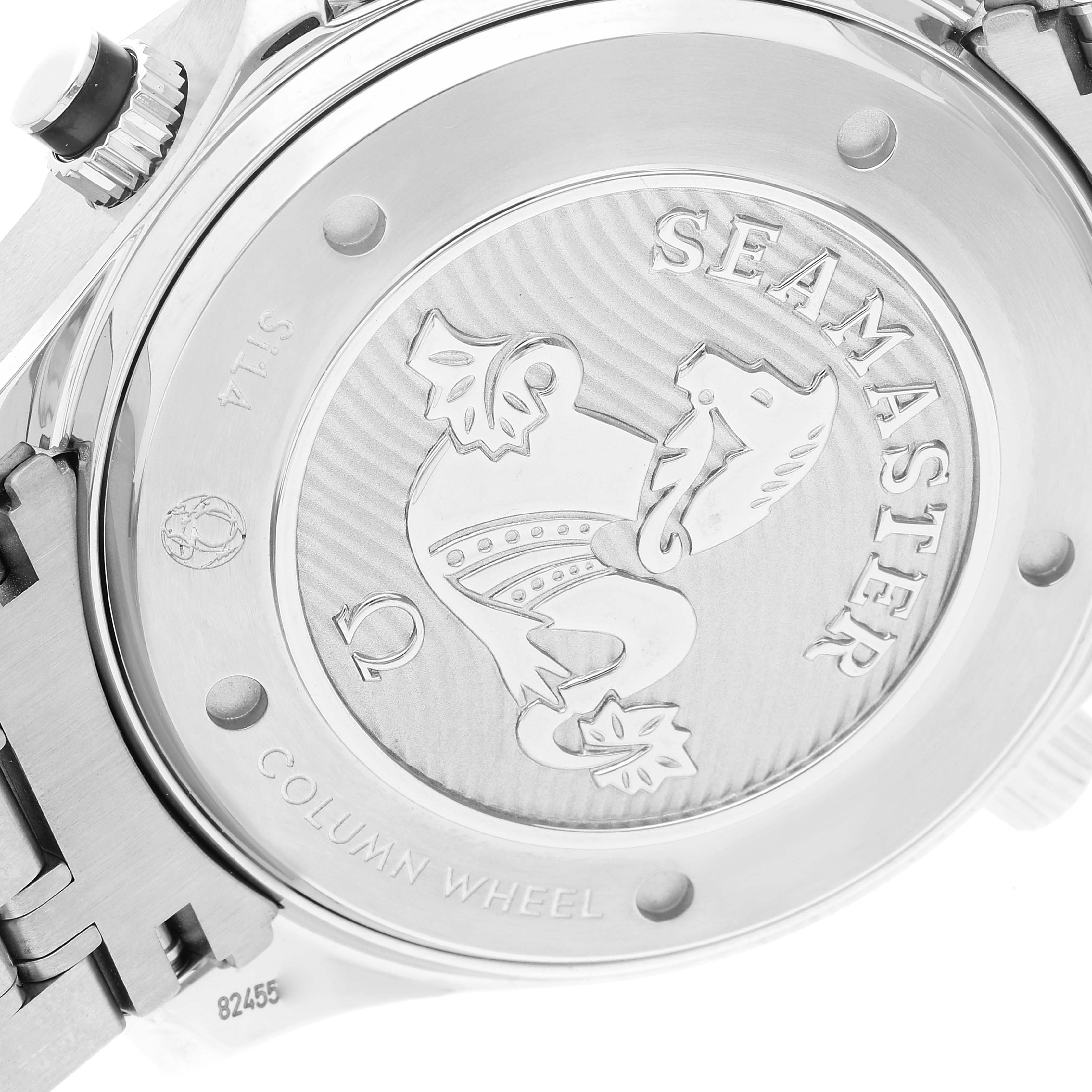 This image shows the back case of an Omega Seamaster 212.30.44.50.01.002 Men's Stainless Steel Black Dial 212.30.44.50.01.002 Men's Stainless Steel Black Dial watch, highlighting the engraved logo and the word "SEAMASTER."