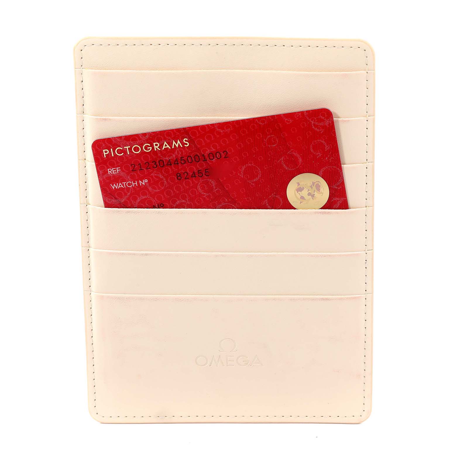 This image shows the certification card and a white cardholder for the Omega Seamaster 212.30.44.50.01.002 Men's Stainless Steel Black Dial 212.30.44.50.01.002 Men's Stainless Steel Black Dial watch.