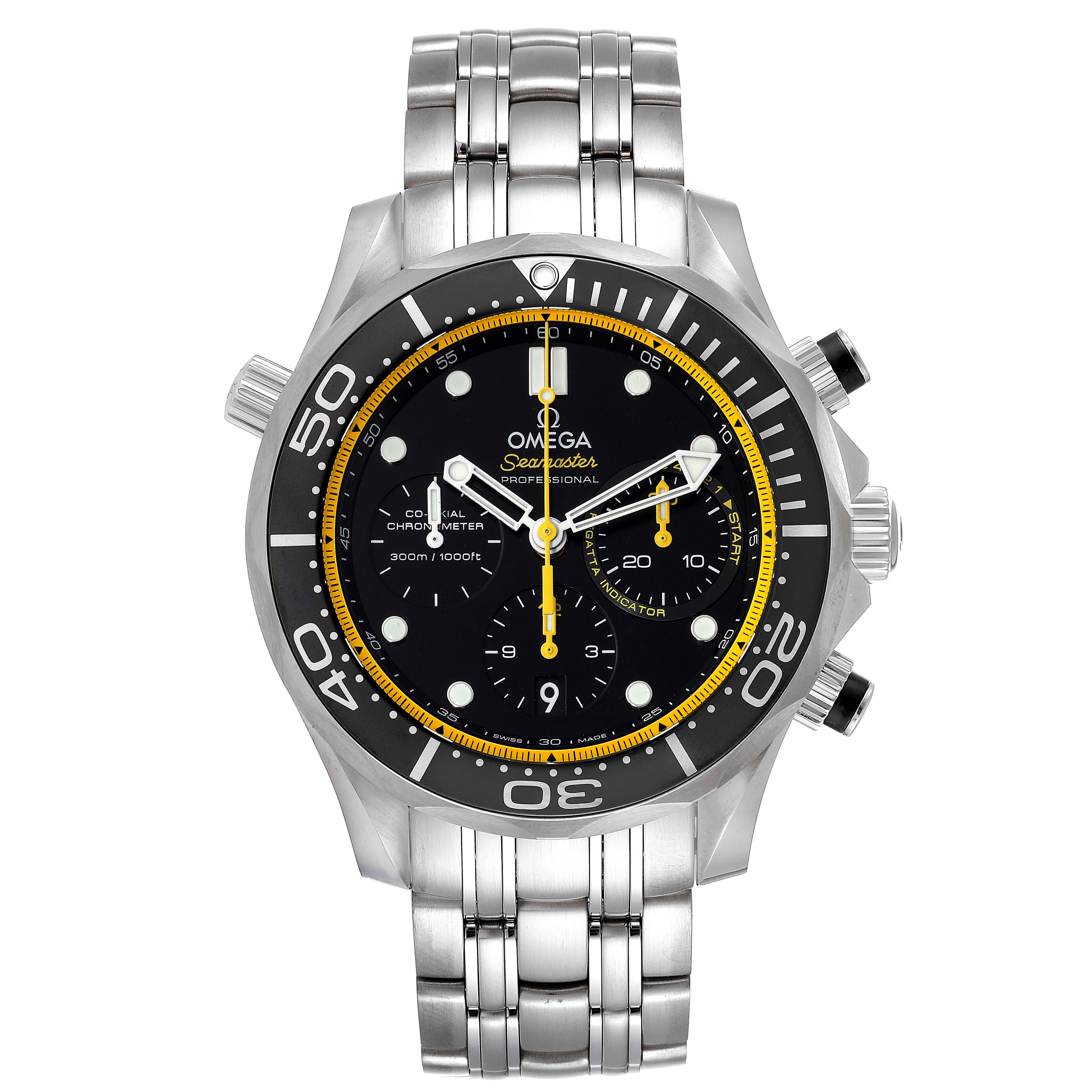 The image shows a front view of the Omega Seamaster 212.30.44.50.01.002 Men's Stainless Steel Black Dial 212.30.44.50.01.002 Men's Stainless Steel Black Dial watch, highlighting its black dial, yellow accents, bezel, and stainless steel bracelet.