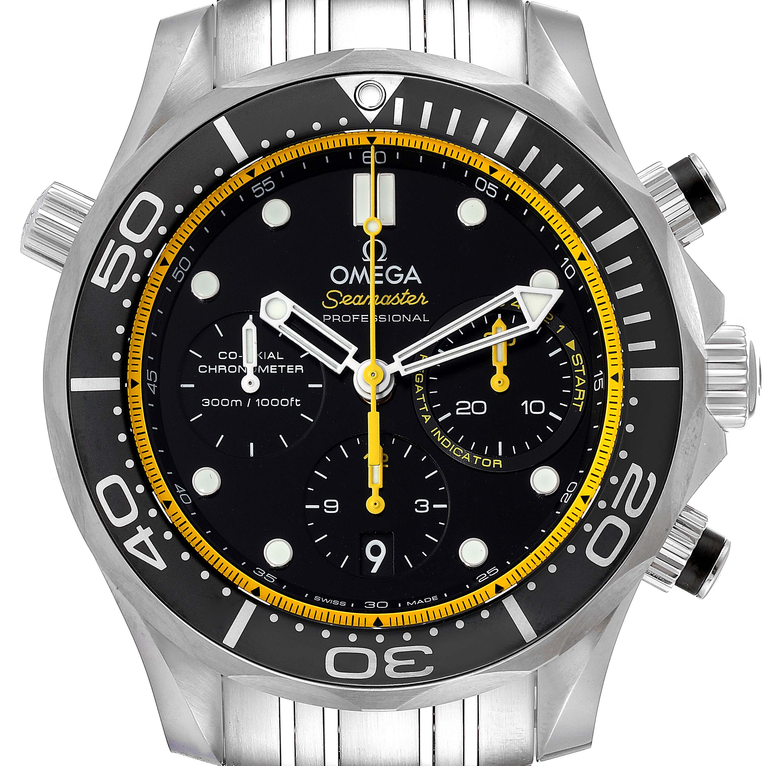 This image shows a front view of the Omega Seamaster 212.30.44.50.01.002 Men's Stainless Steel Black Dial 212.30.44.50.01.002 Men's Stainless Steel Black Dial watch, including its bezel, dial, hands, subdials, and bracelet.