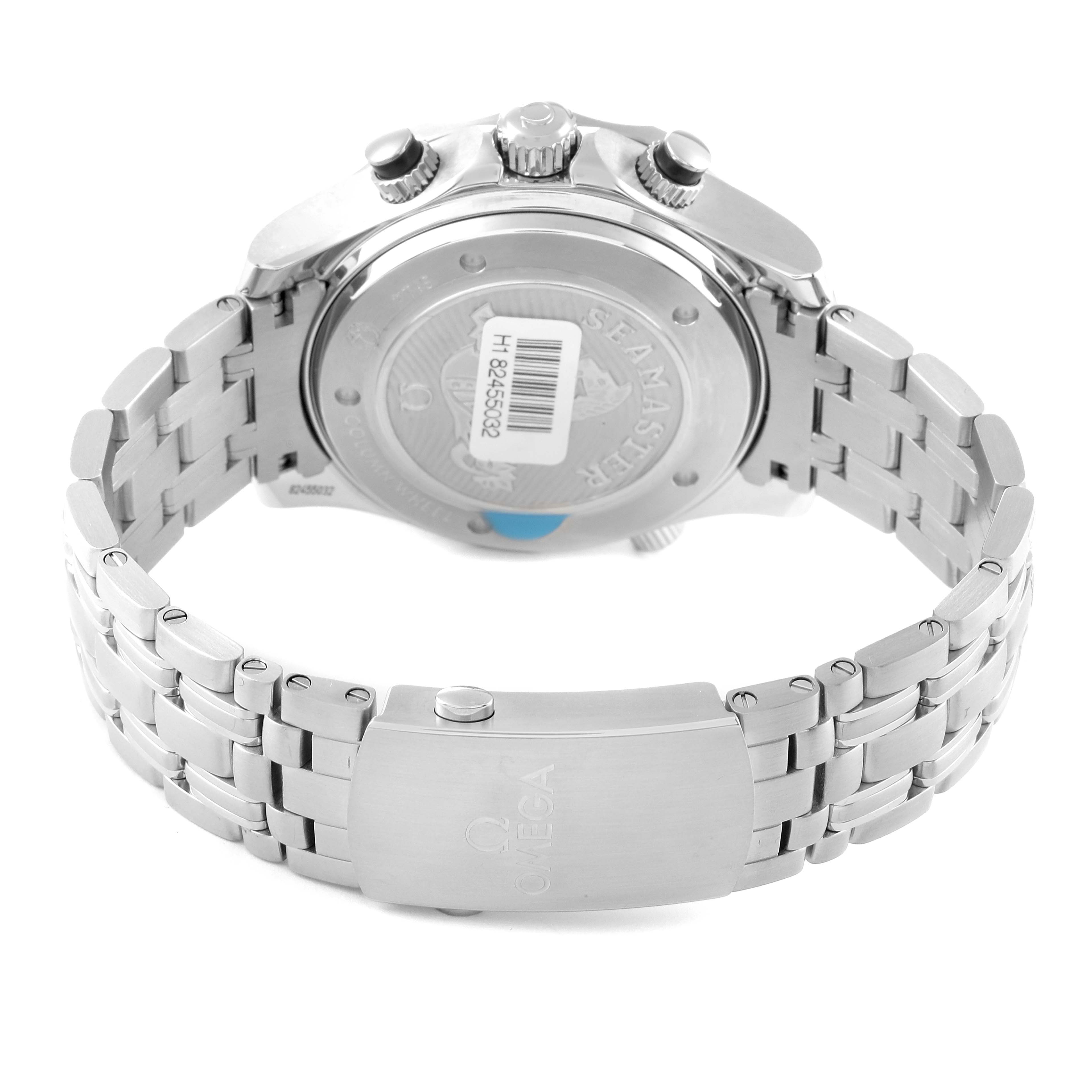 This is a rear view of the Omega Seamaster 212.30.44.50.01.002 Men's Stainless Steel Black Dial 212.30.44.50.01.002 Men's Stainless Steel Black Dial watch showcasing its stainless steel back casing and bracelet with the clasp.