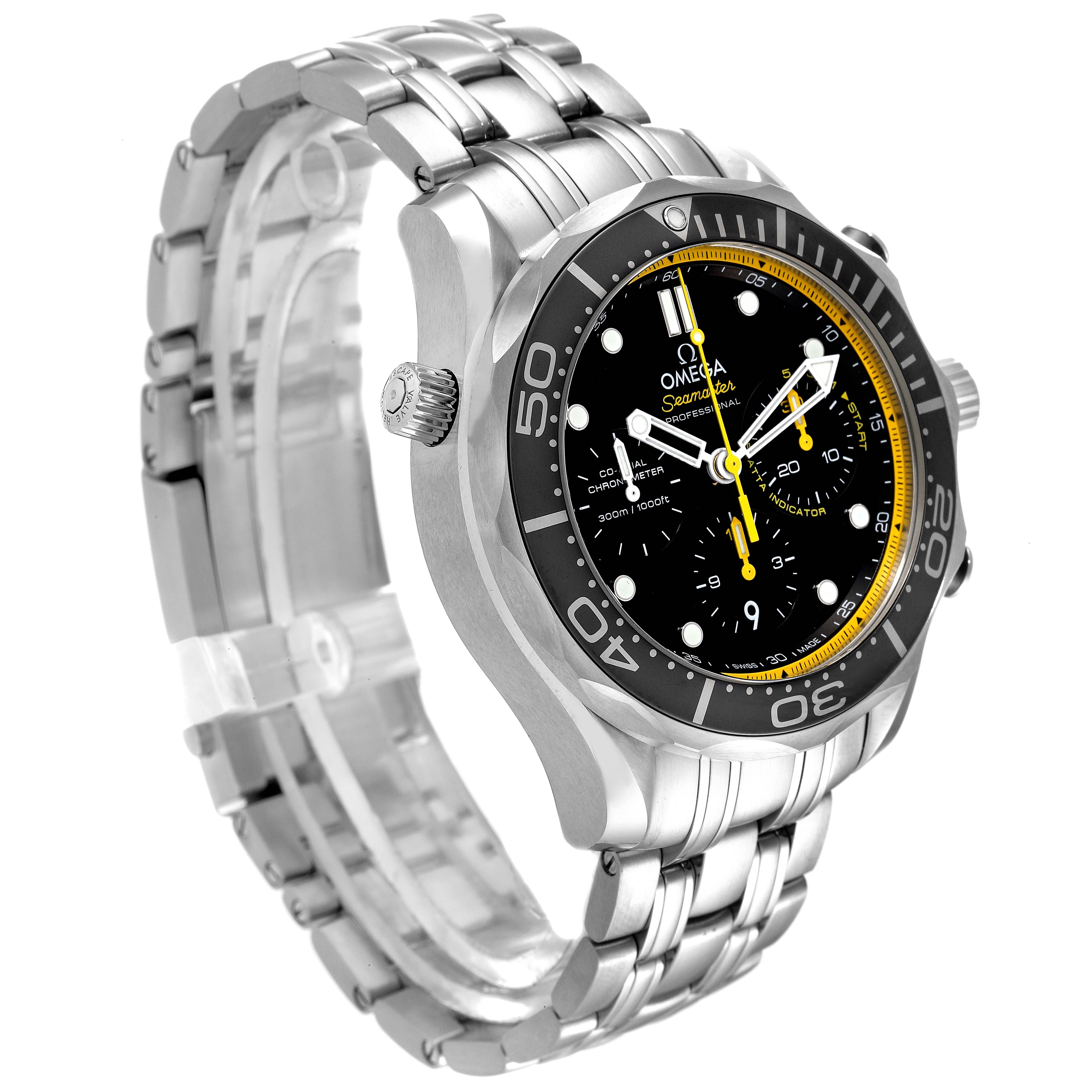 The Omega Seamaster 212.30.44.50.01.002 Men's Stainless Steel Black Dial 212.30.44.50.01.002 Men's Stainless Steel Black Dial watch is shown at an angled side view, highlighting the bezel, dial, bracelet, and crown.